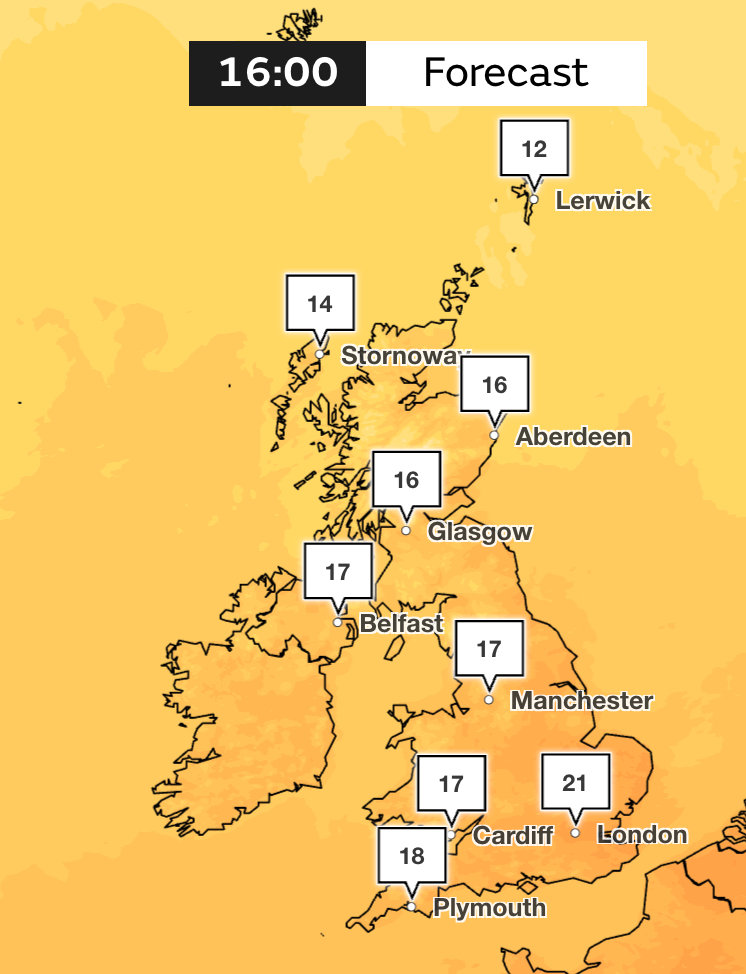 Sunday’s outlook is milder with temperatures hanging around the mid-teens to low 20s across the UK