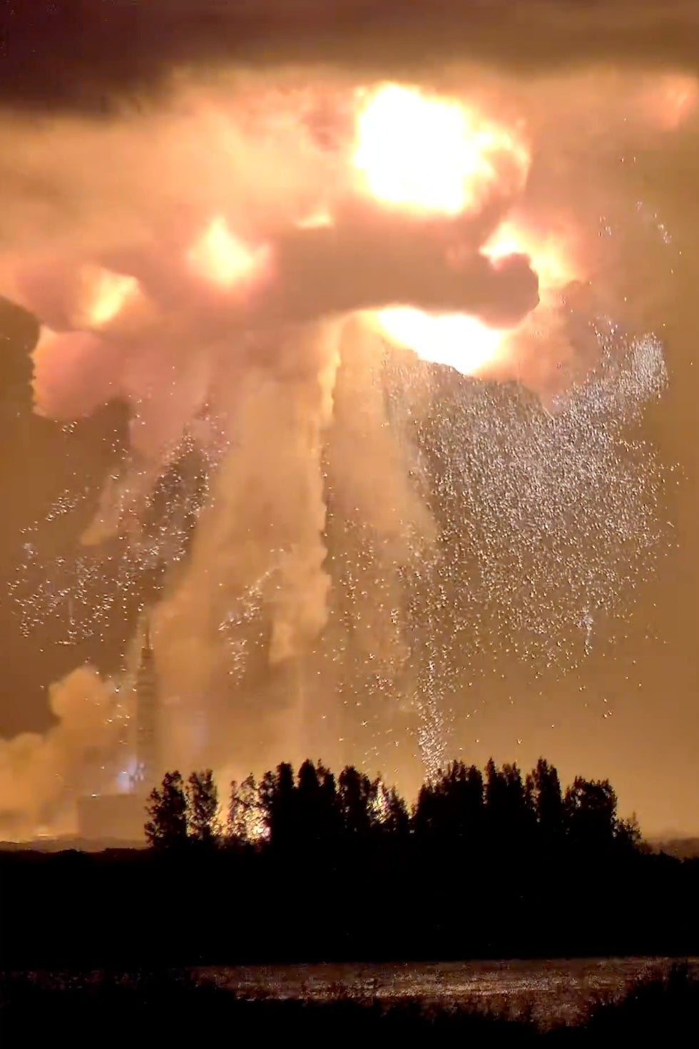 The Blue Origin New Glenn rocket explodes during an engine-firing test on Thursday 28 May 2026, in Cape Canaveral, Florida