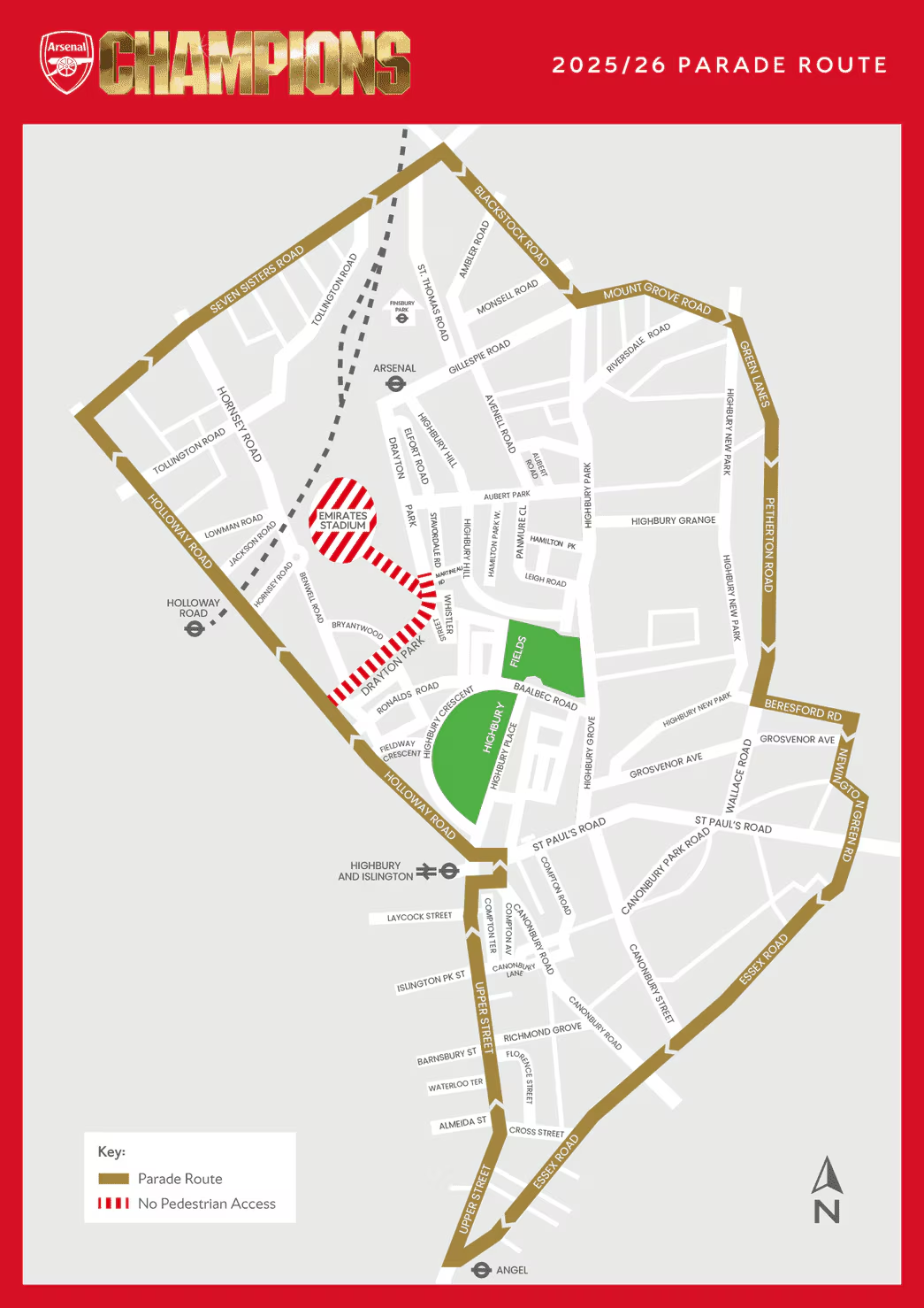 Arsenal's trophy parade route on Sunday, 31 May
