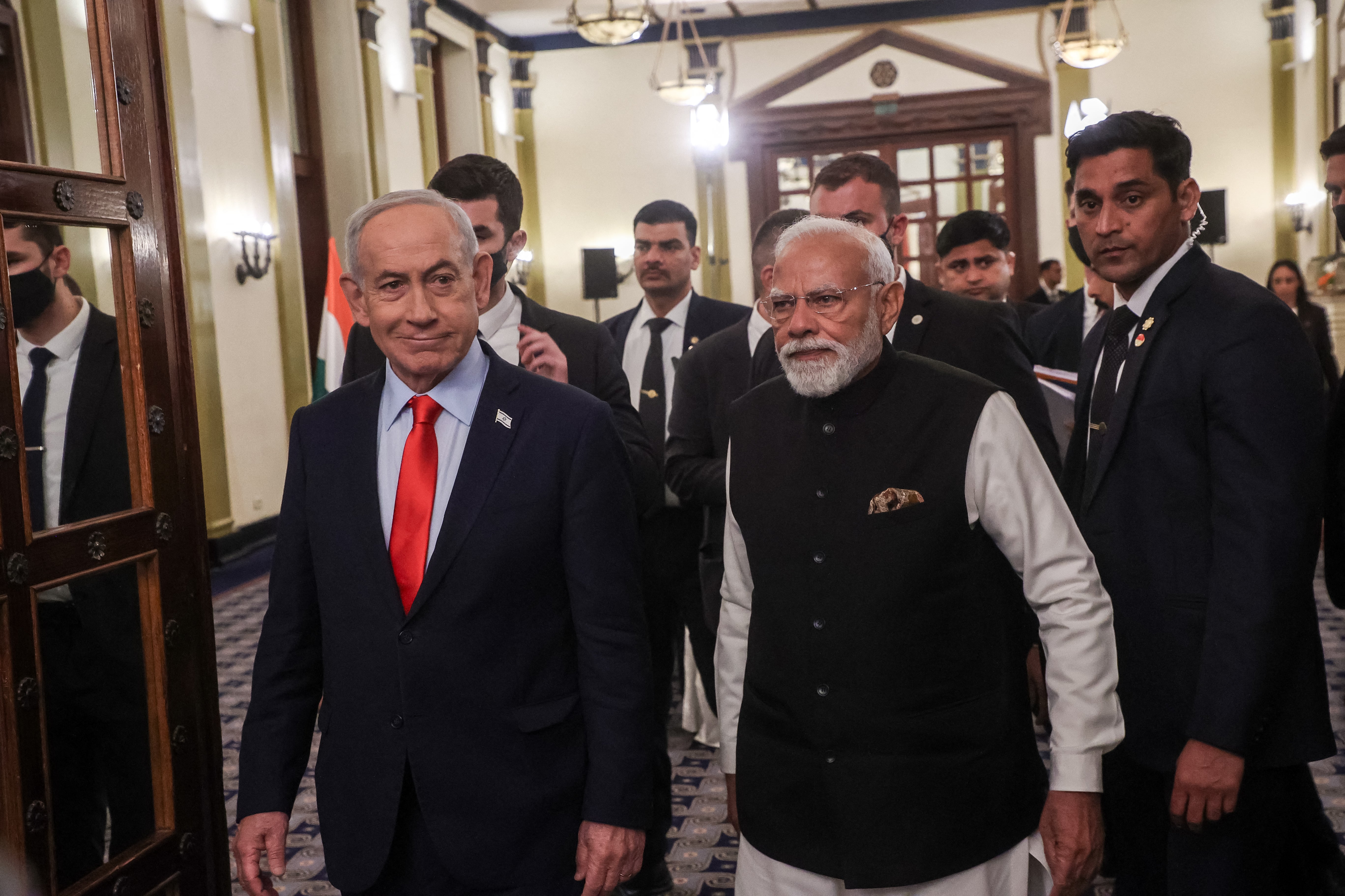 File. Israel's prime minister Benjamin Netanyahu (L) and his Indian counterpart Narendra Modi (R) arrive for a press conference in Jerusalem on 26 February 2026