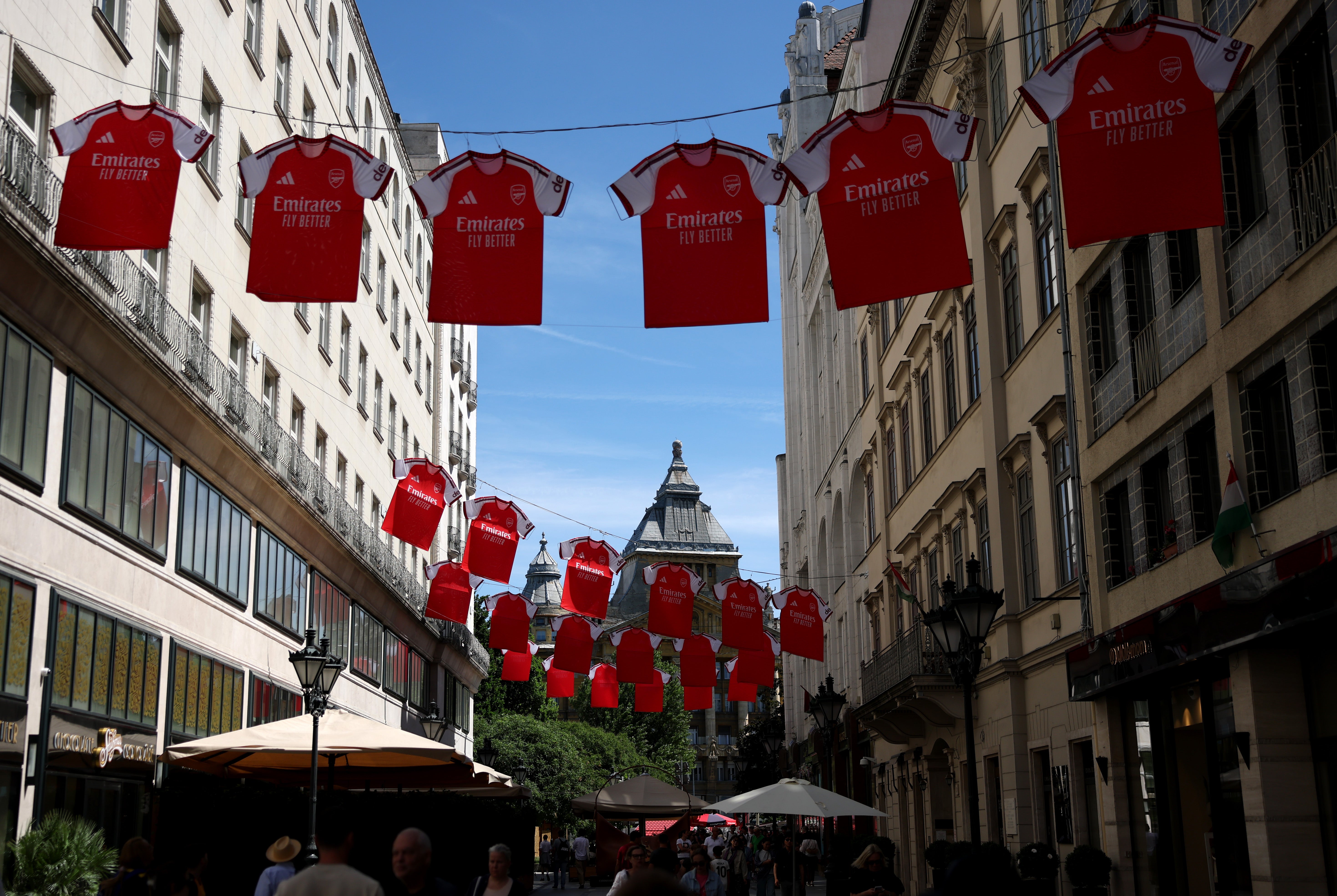 Arsenal shirts are seen hanging in the street of central Budapest (Getty)