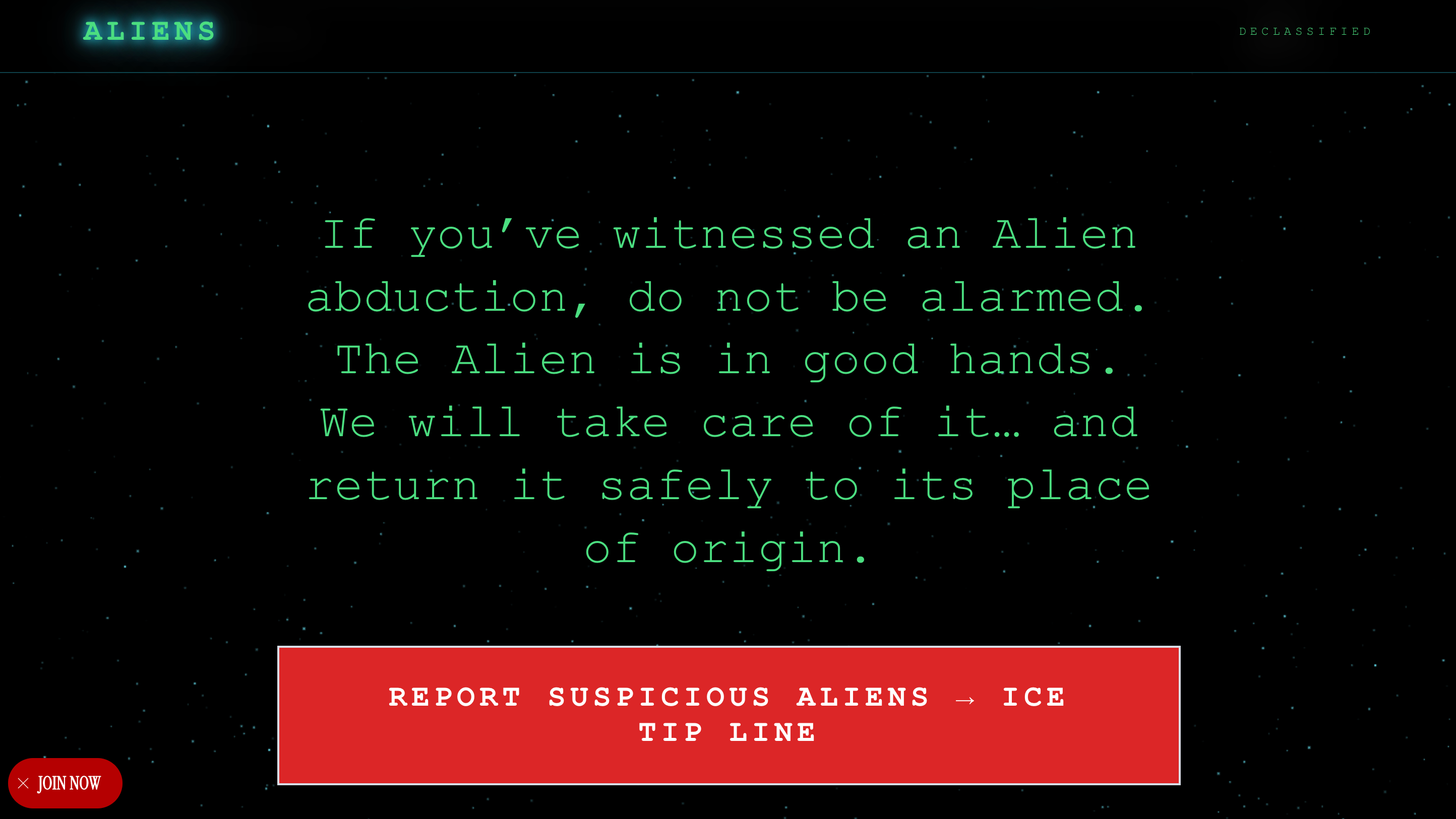 The site includes a tip line, where users can report 'suspicious aliens' to the federal government (White House)