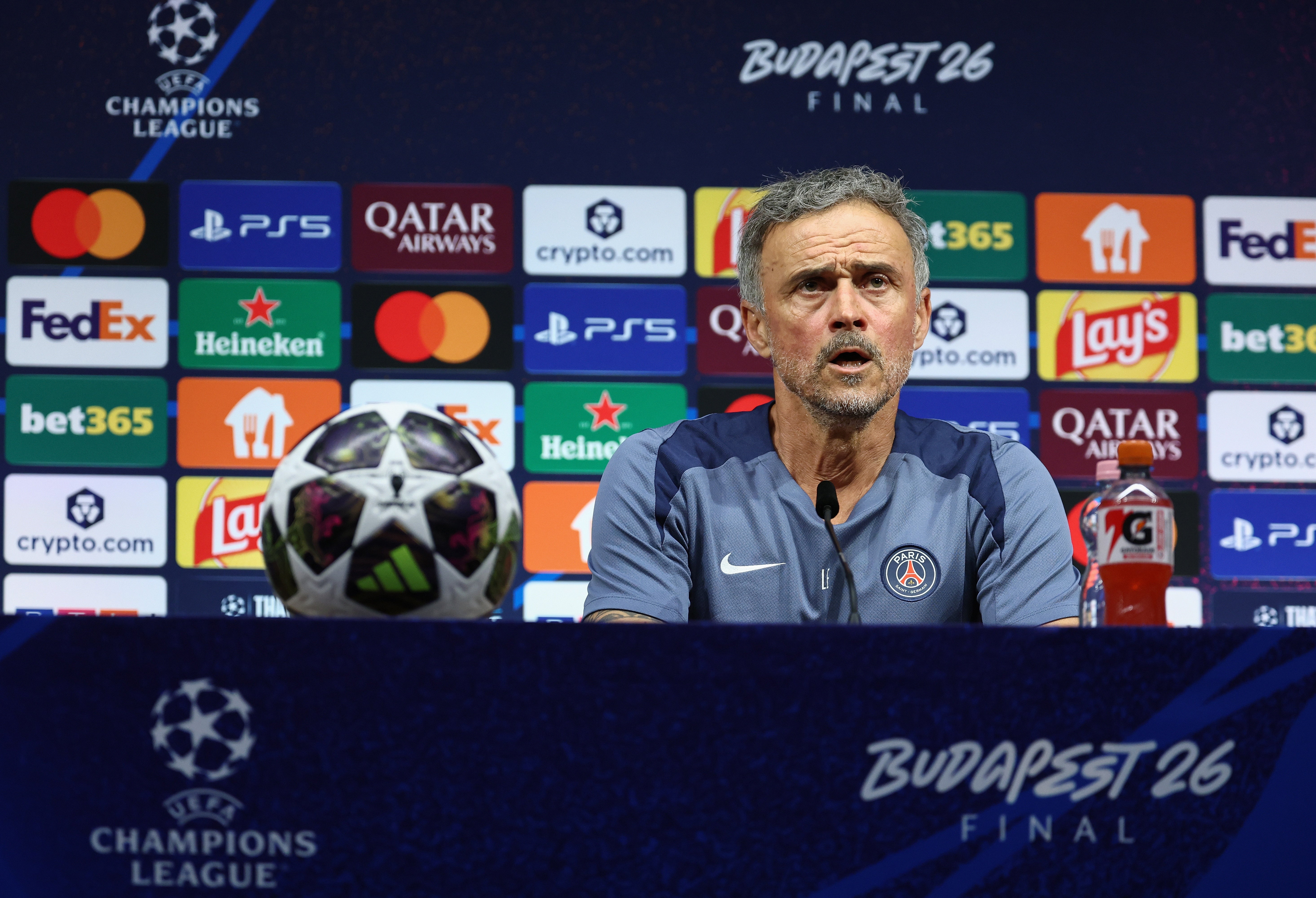 Paris Saint-Germain's Spanish headcoach Luis Enrique meets the media (AP)