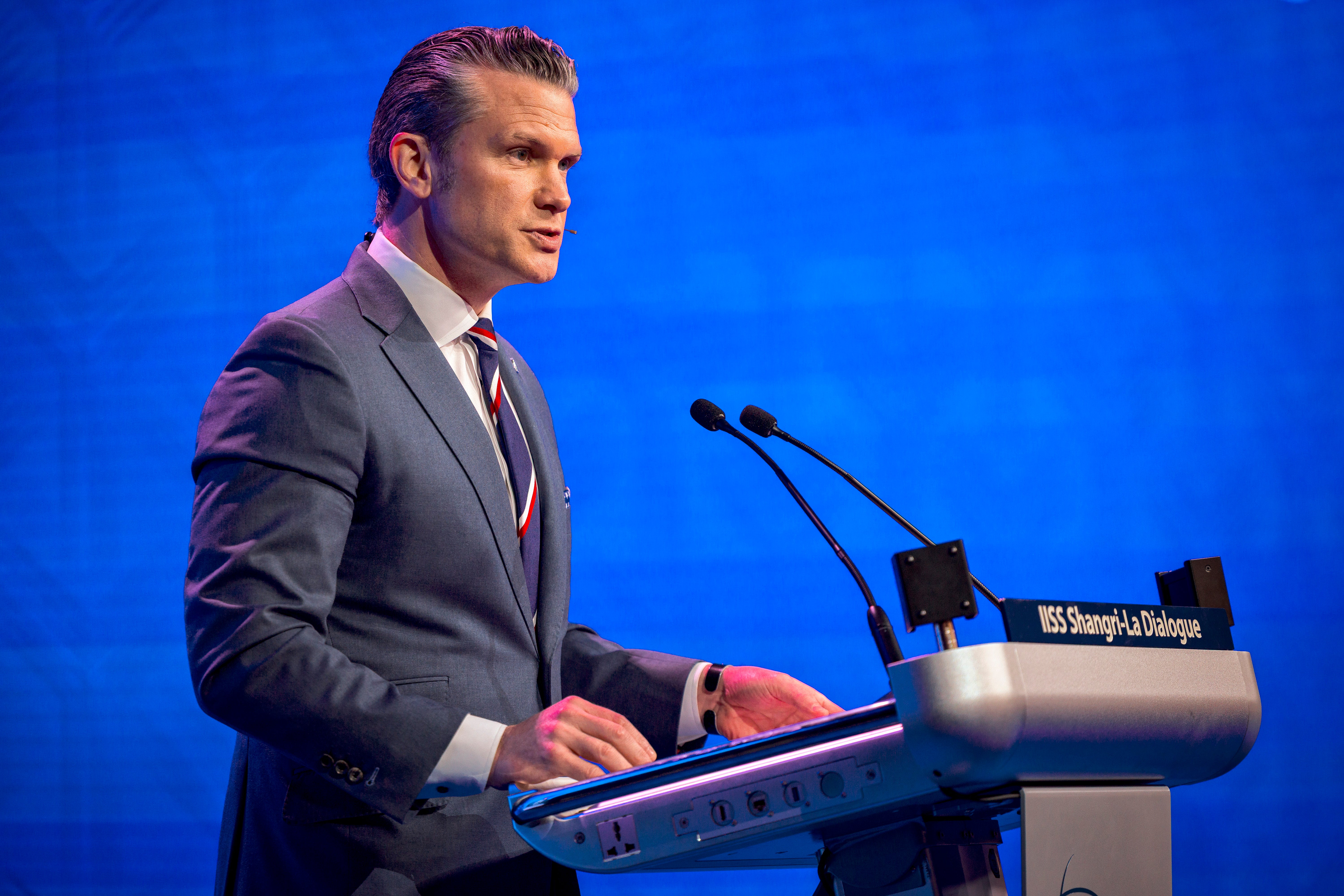 US secretary of war Pete Hegseth speaks during the 23rd IISS Shangri-La Dialogue in Singapore (Getty)