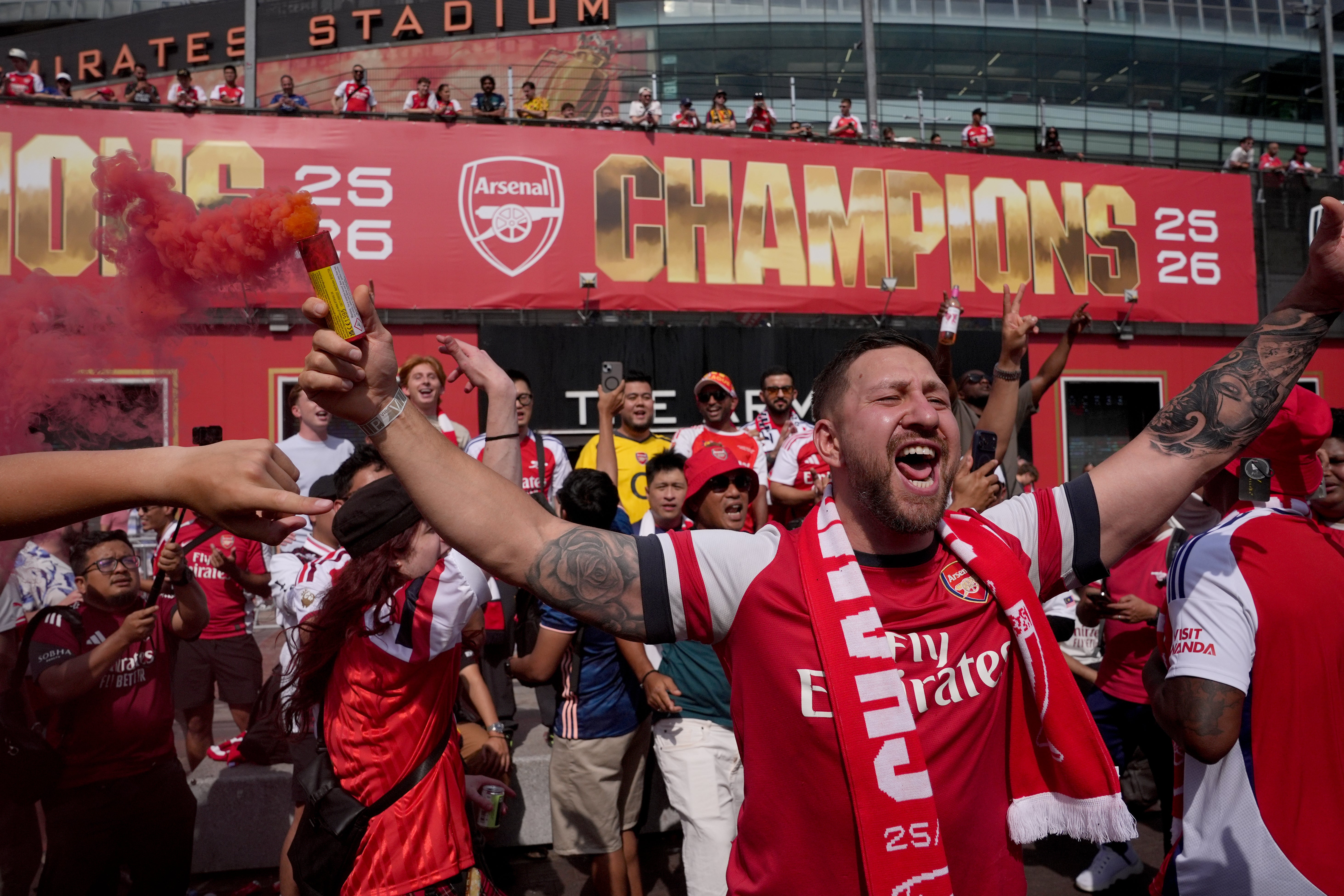 Arsenal fans outside the Emirates ahead of the Champions League final at the Puskas Arena, Budapest