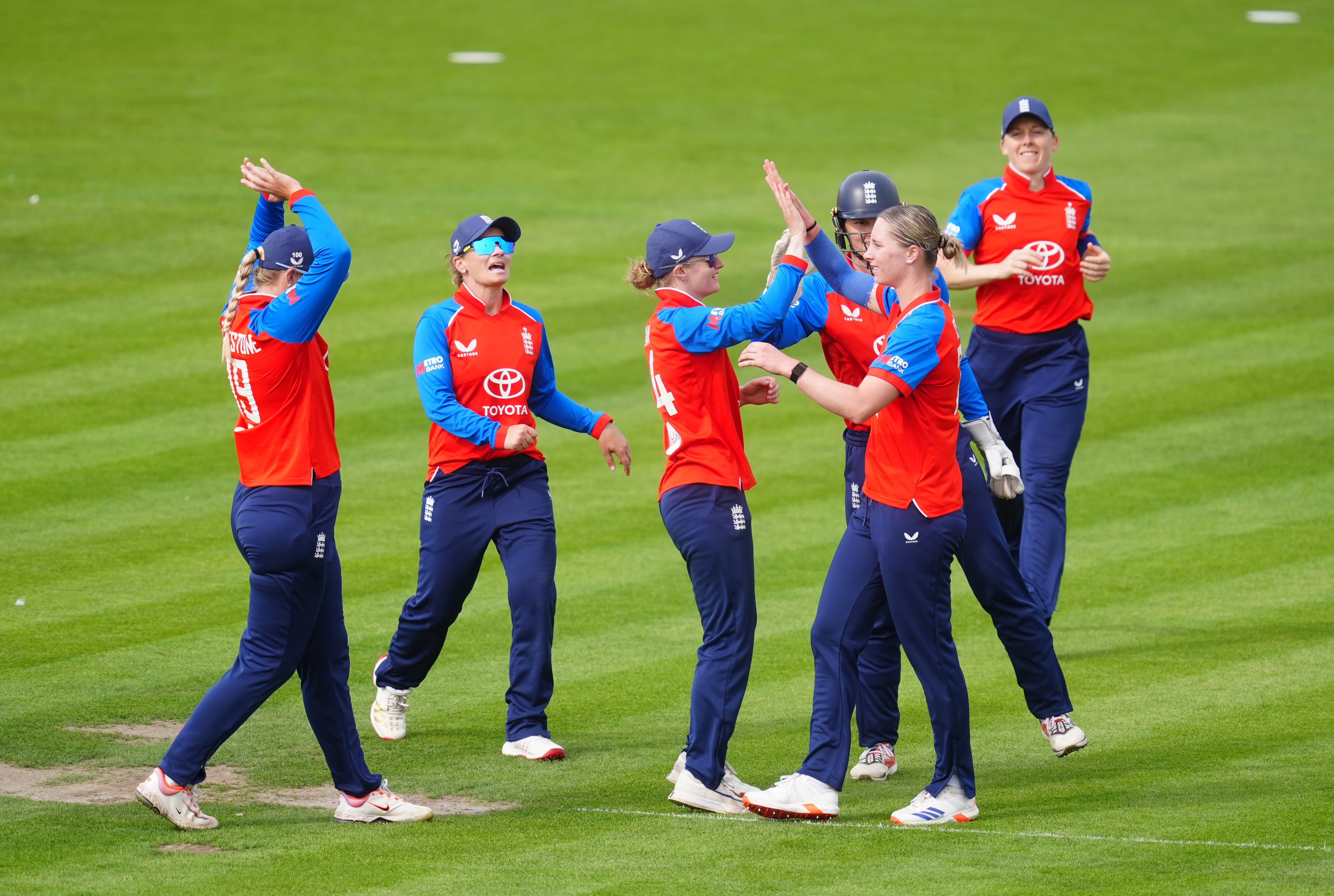 Freya Kemp celebrates taking the wicket of Jemimah Rodrigues (David Davies/PA)