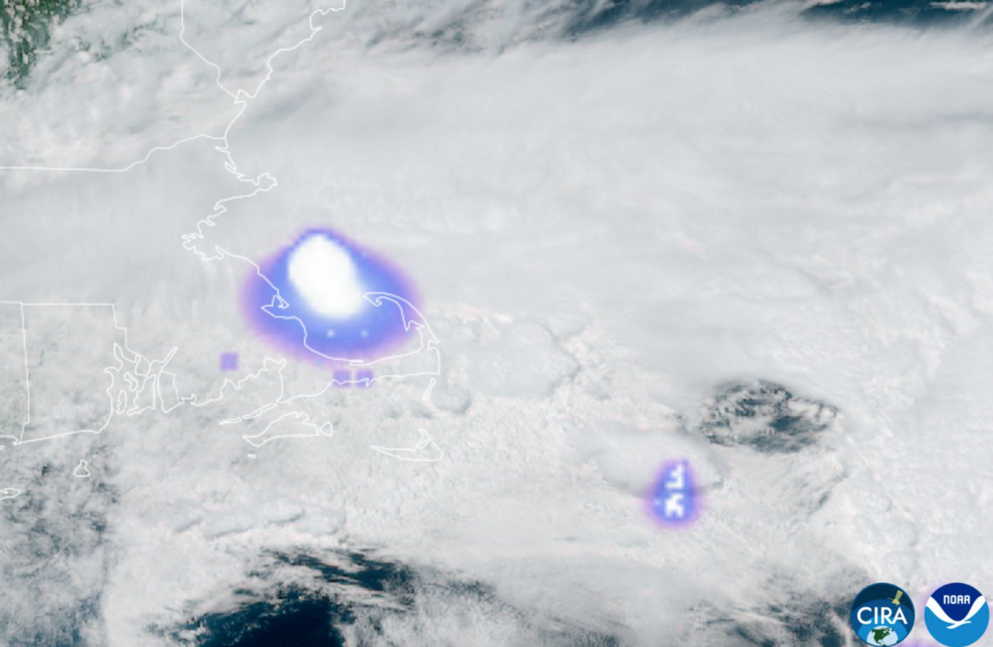 NOAA satellite imagery showing the moment a meteor exploded in the Earth's atmosphere near Boston, causing a sonic boom that was reported across New England