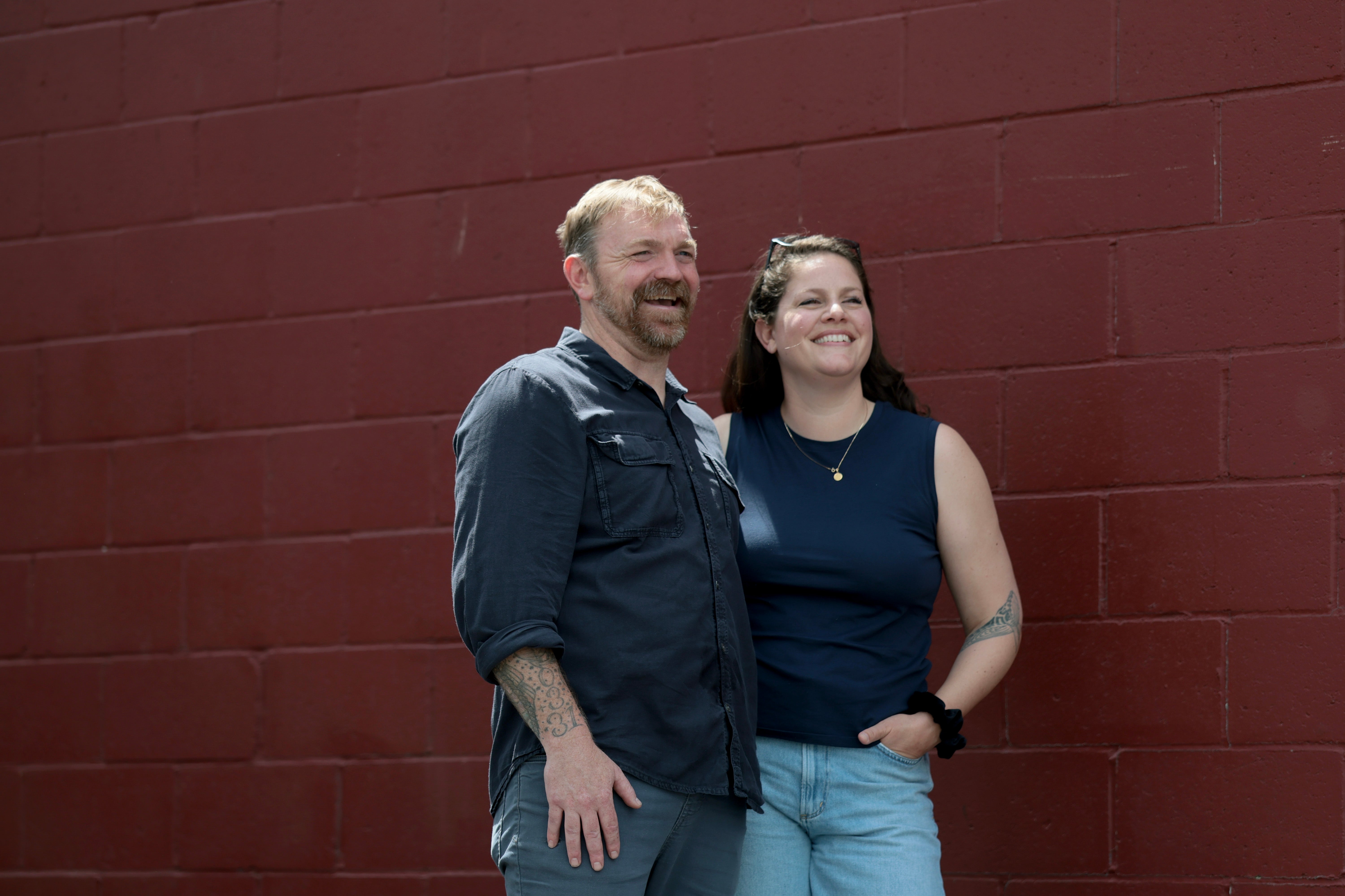 Graham Platner (left) reportedly sent sexually explicit messages to several women while married to his wife, Amy Gertner (right)