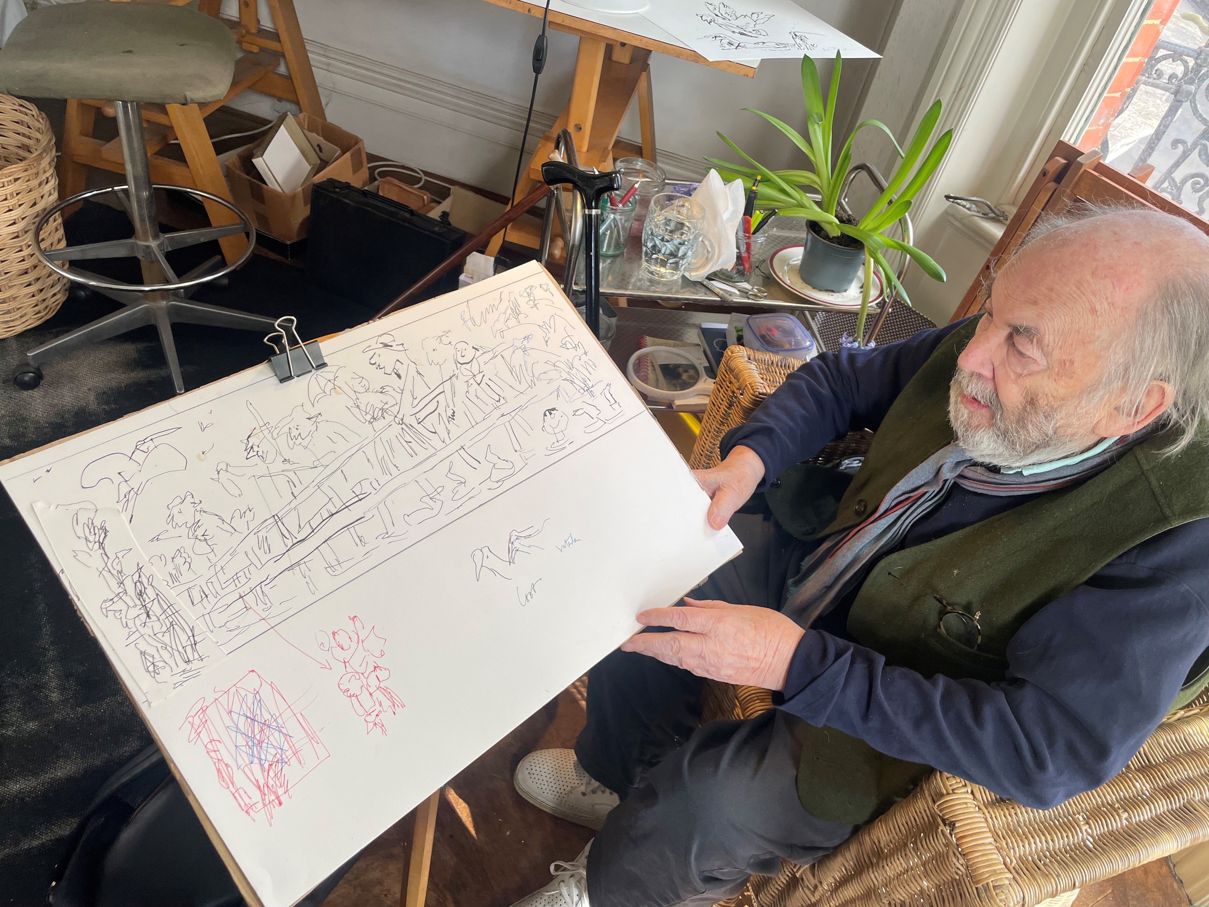 Mural in progress with Sir Quentin (Quentin Blake/PA)
