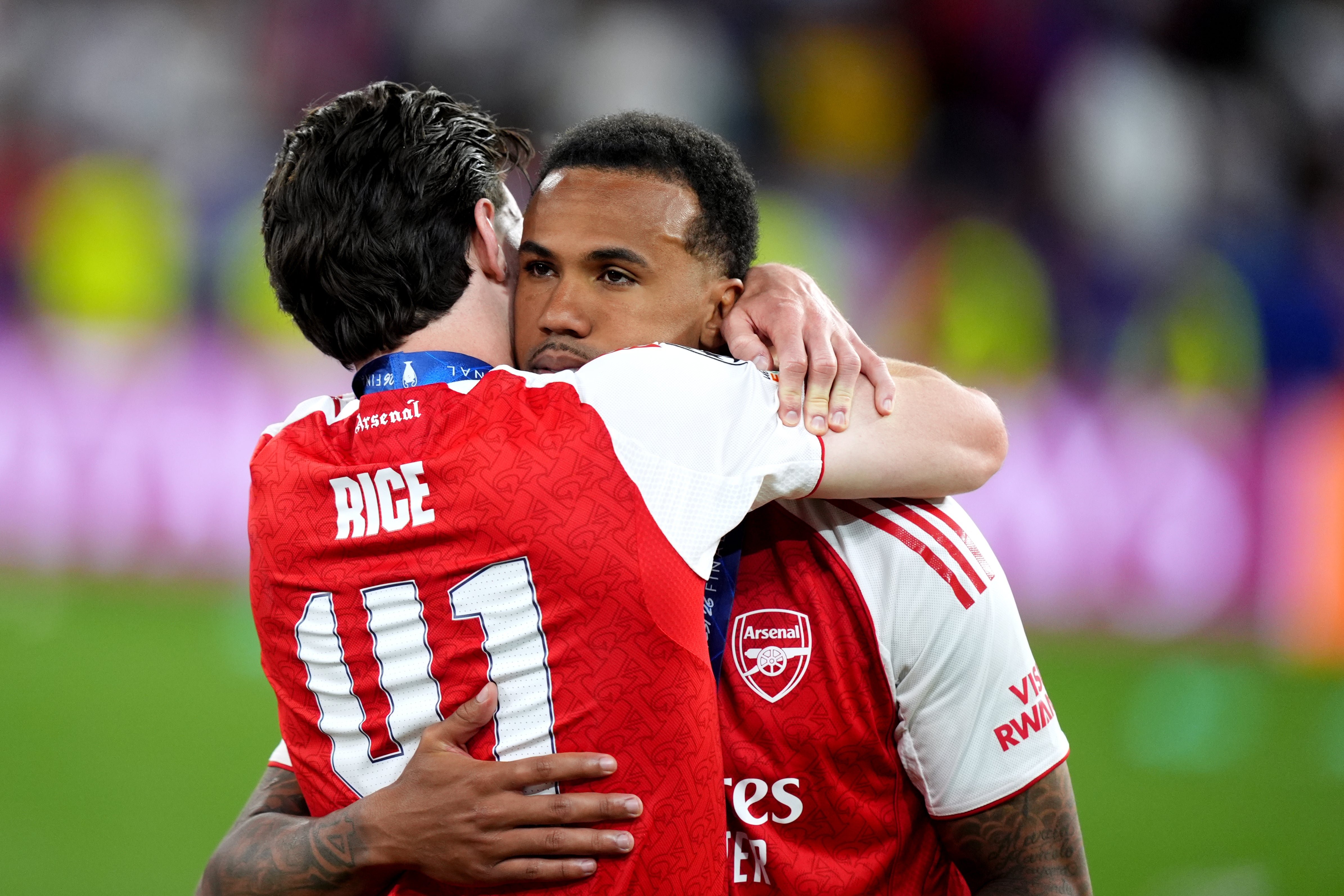 Declan Rice consoled teammate Gabriel after the Champions League final