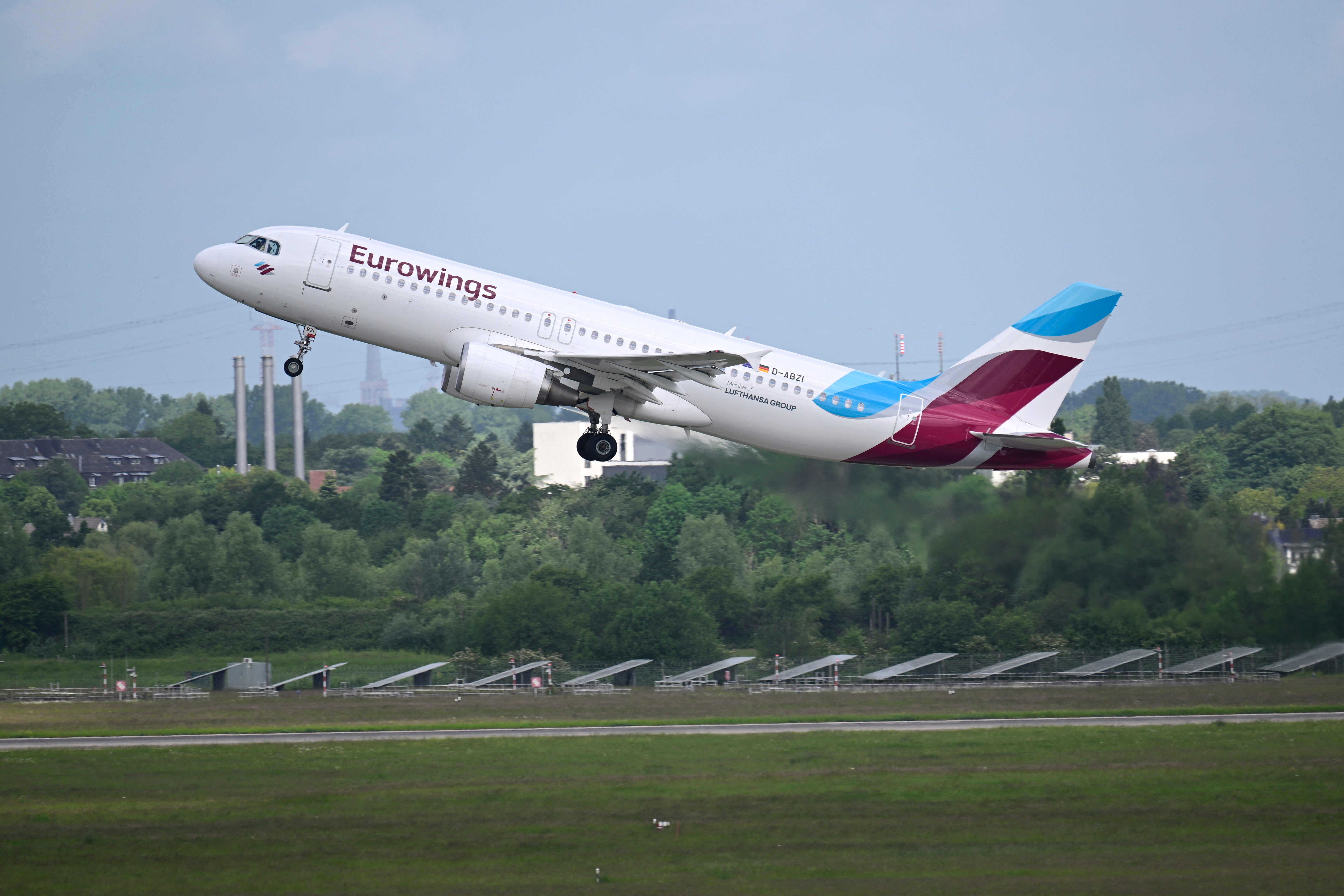 File. A Eurowings aircraft takes off at the airport in Duesseldorf, western Germany, on 21 May 2026. The war in the Middle East and the closure of the Strait of Hormuz have caused a surge in aviation fuel prices and raised concerns about potential shortages this summer