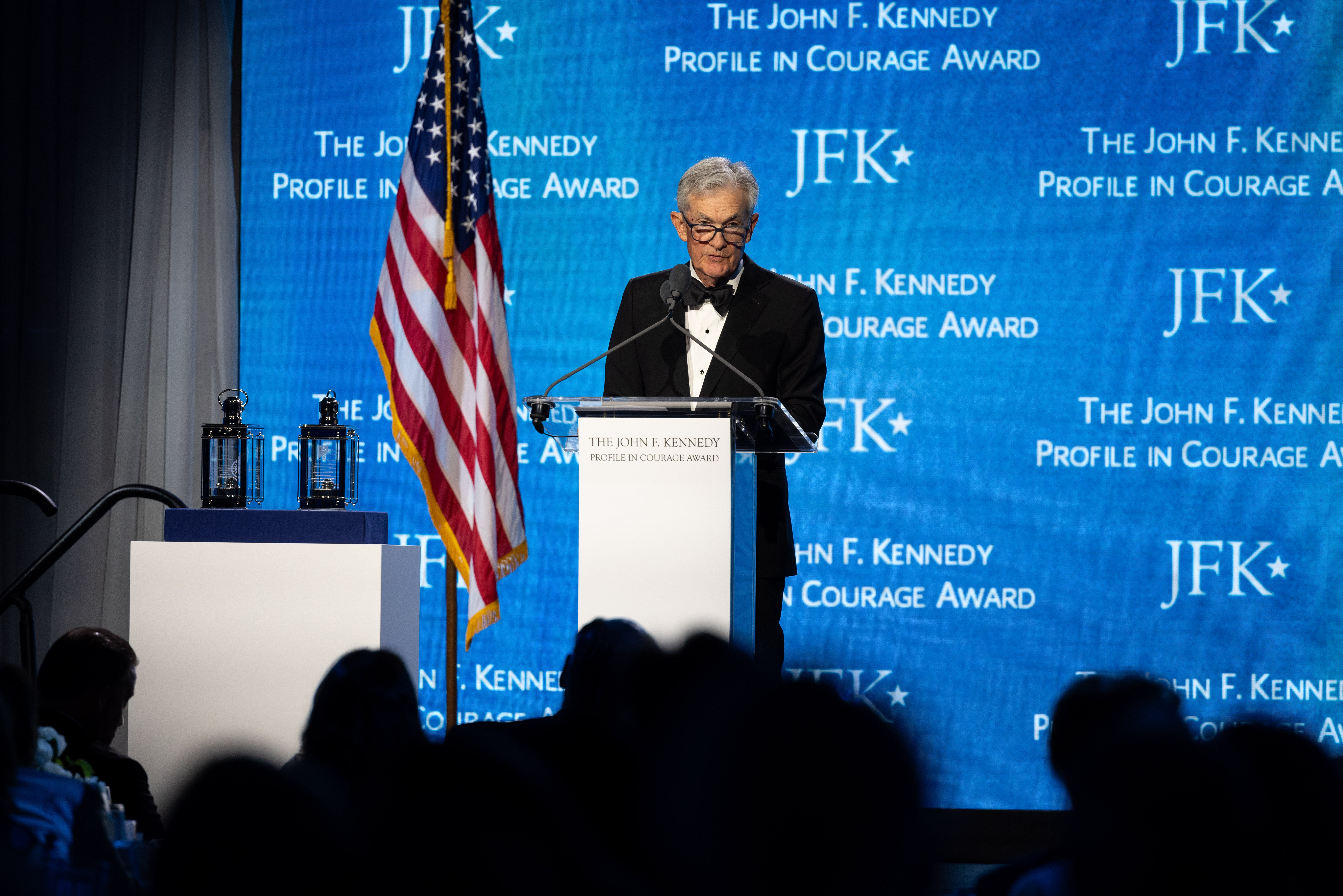 Speaking at the John F. Kennedy Presidential Library overlooking Boston Harbor, Powell called universities, courts, Congress and the central bank “the foundation and the embodiment of our democracy” (Getty)