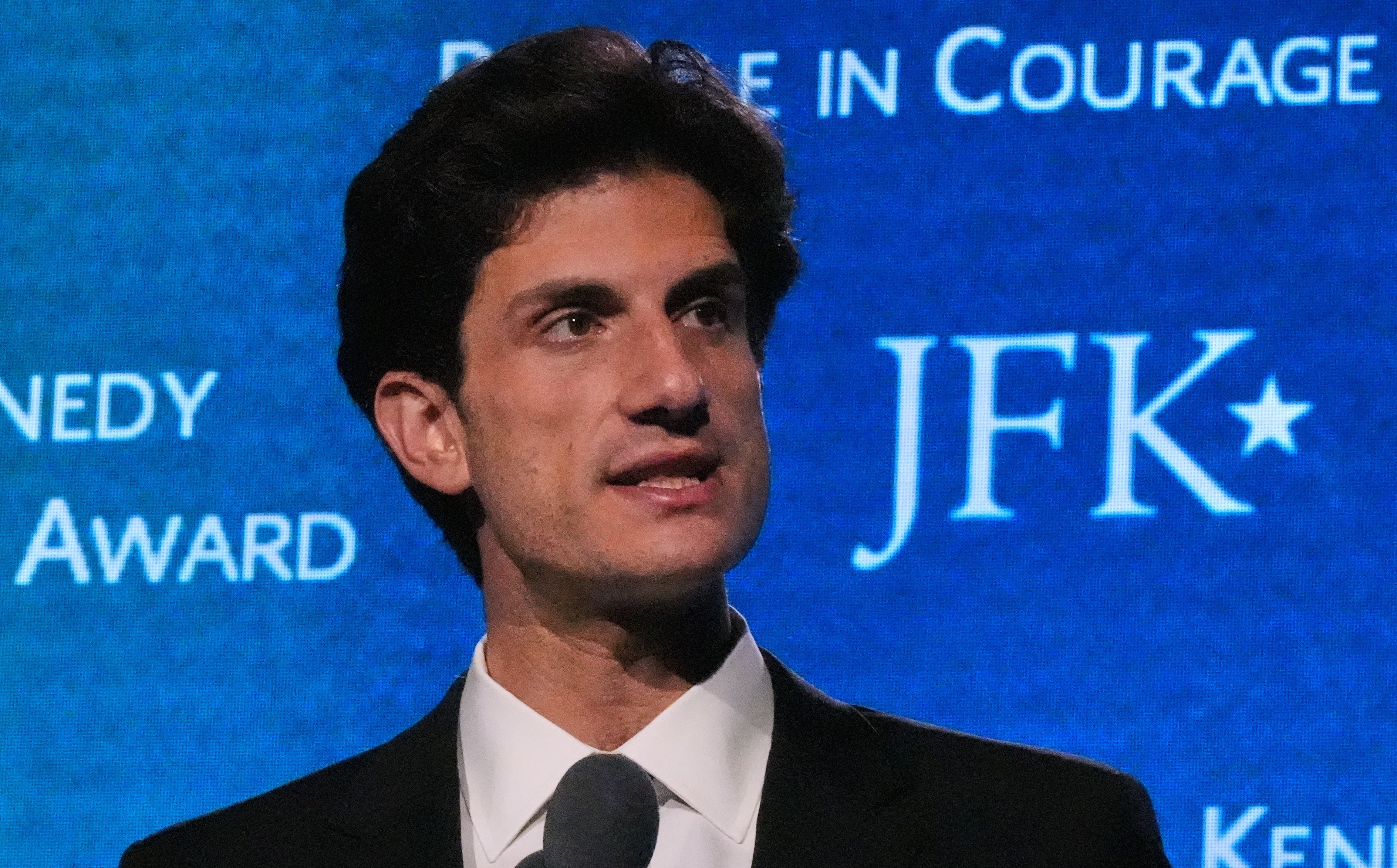 Jack Schlossberg, grandson of former President John F. Kennedy, addresses a gathering during the Profile in Courage Award ceremony (AP)