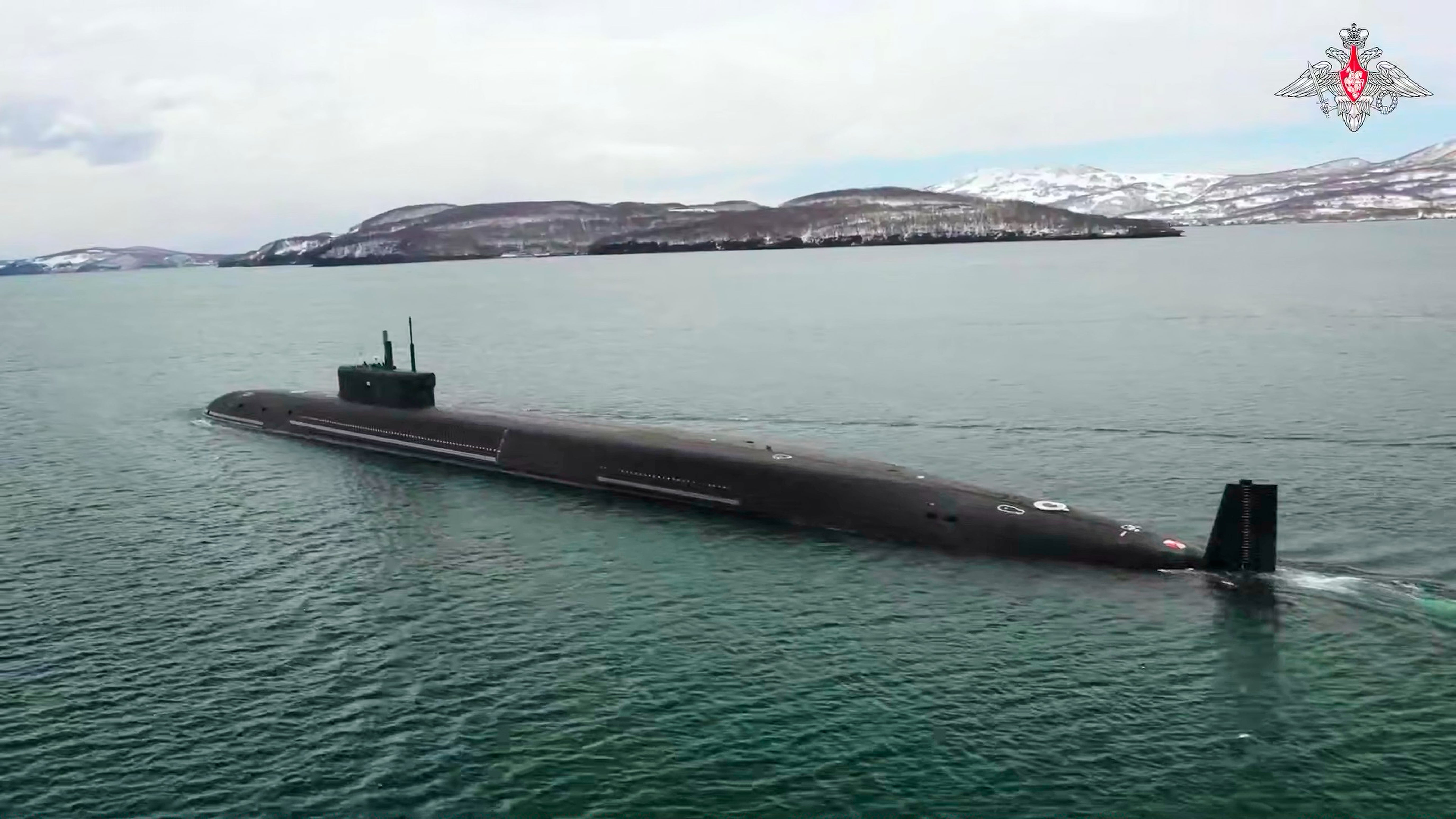A Russian Borei-class nuclear-powered ballistic missile submarine during nuclear drills last month