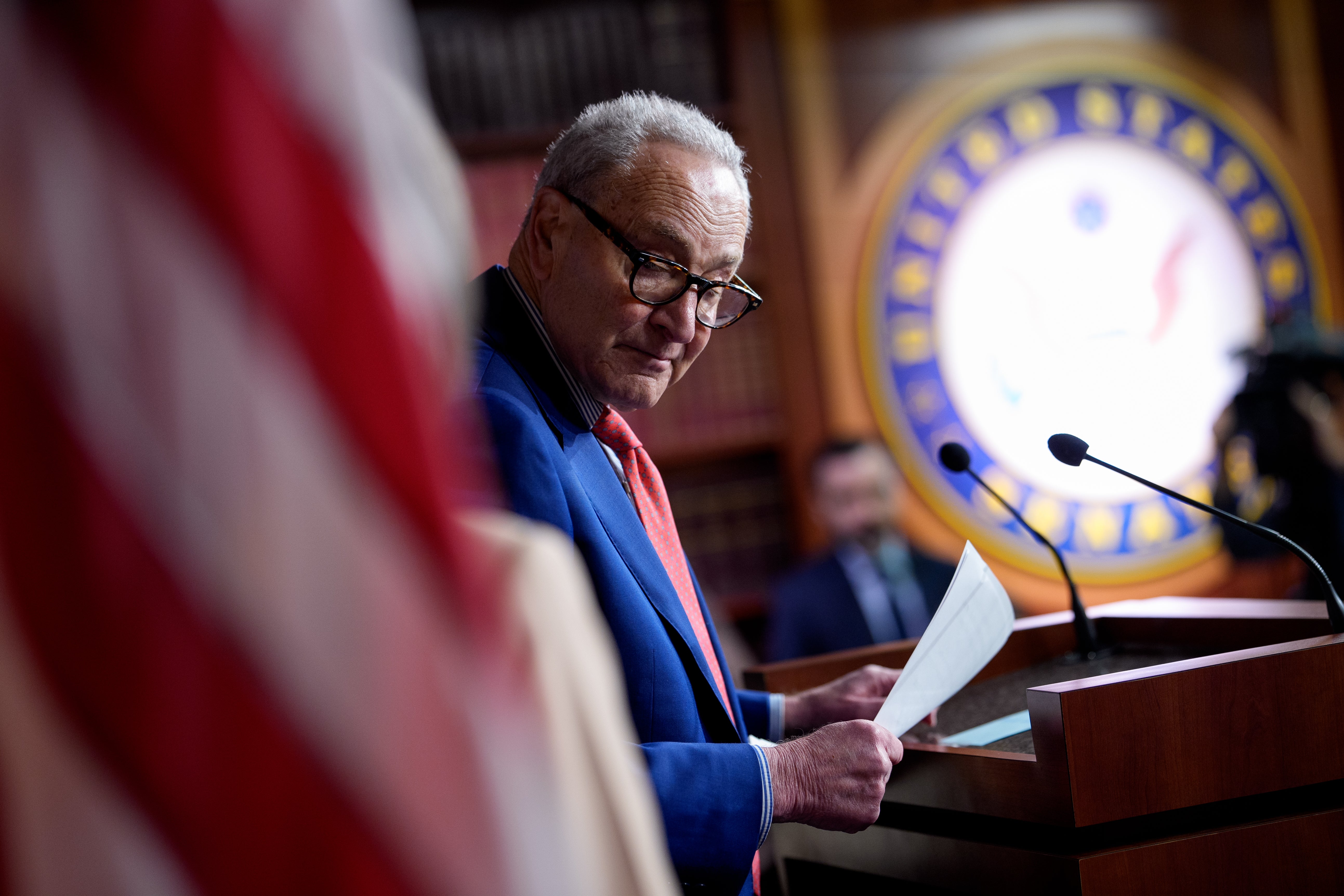 Senate Minority Leader Chuck Schumer of New York said in a letter to colleagues Monday morning that Democrats will launch “a coordinated effort to kill the slush fund before one cent goes out the door