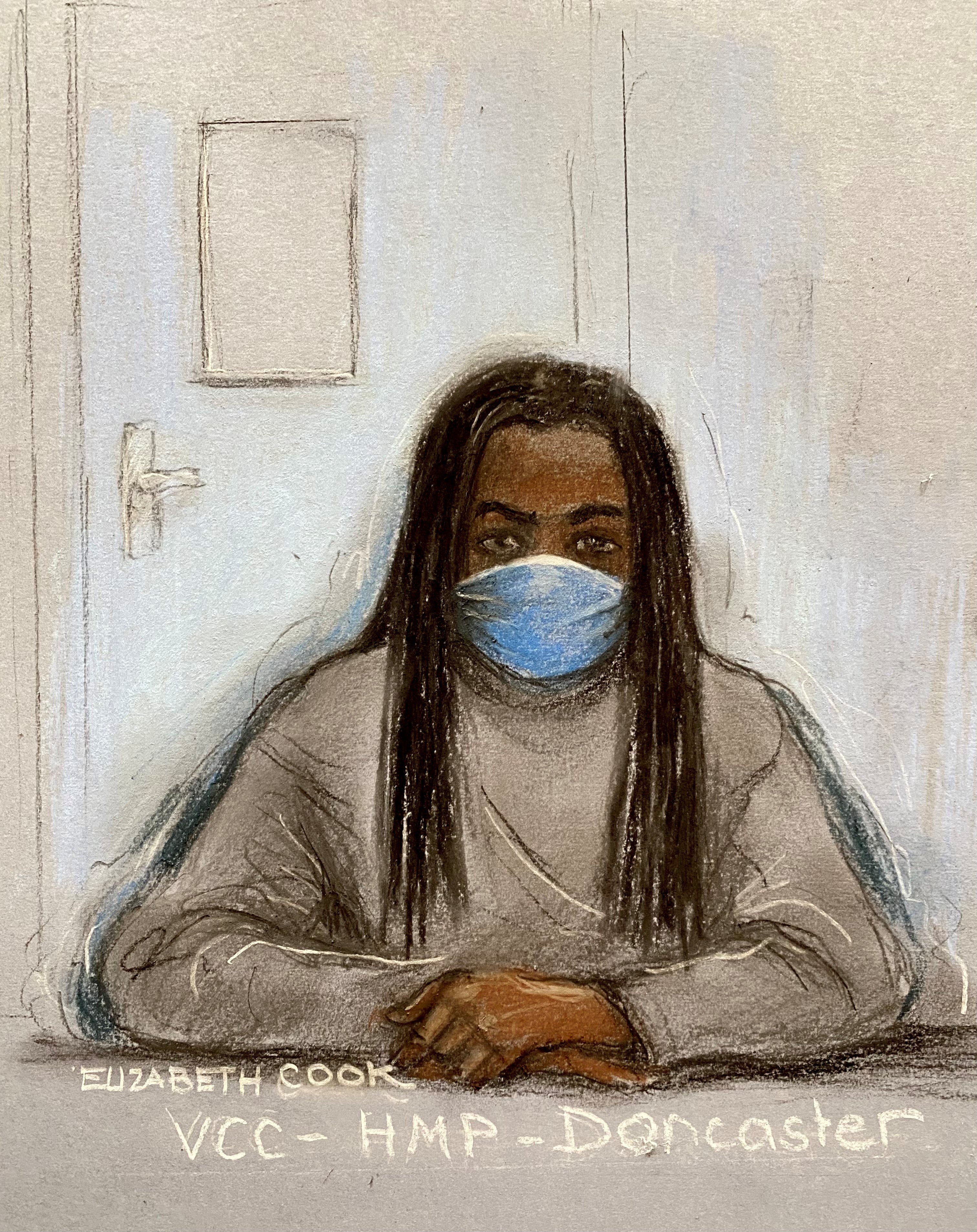 Court artist sketch by Elizabeth Cook of Jemele Rhone appearing via videolink at Sheffield Crown Court