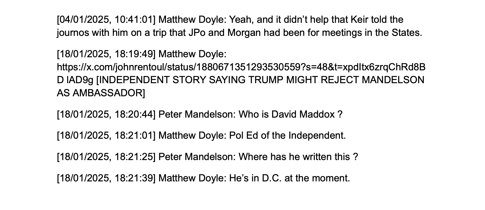 Text messages between Matthew Doyle and Peter Mandelson