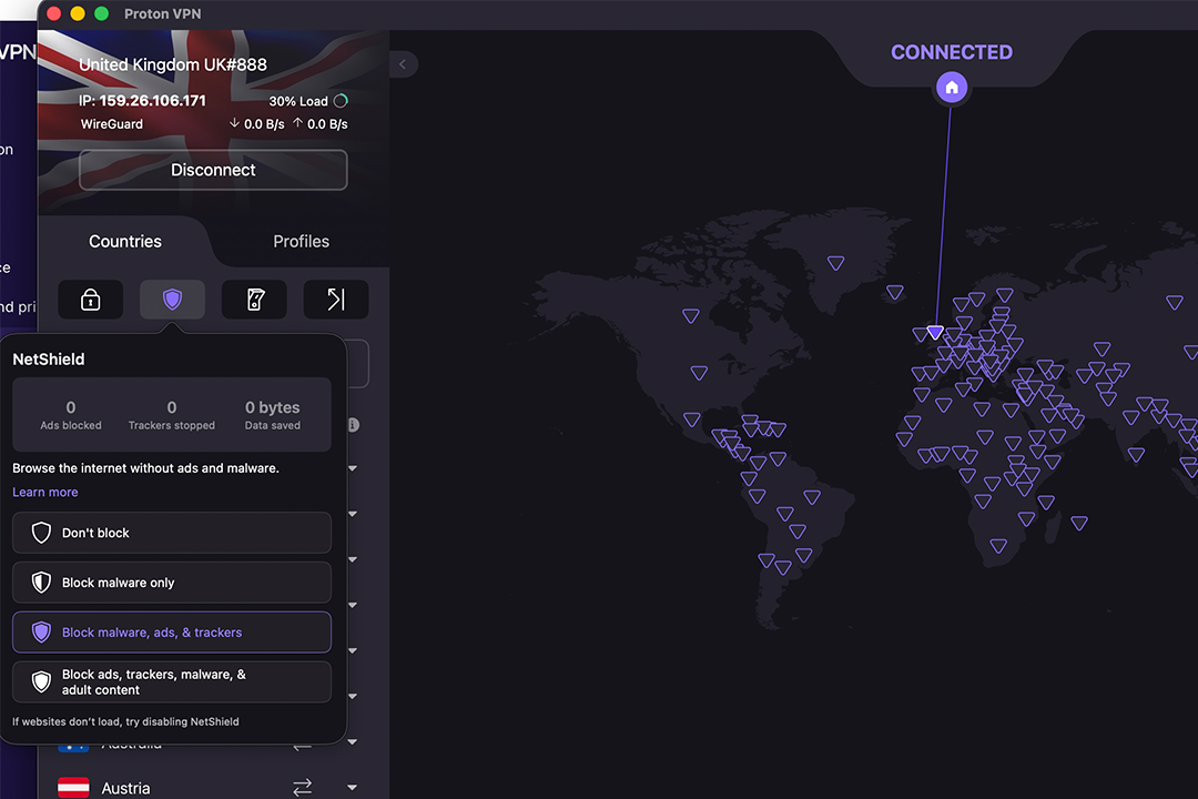 Proton VPN gas a dark interface with a map layout (Protonvpn)