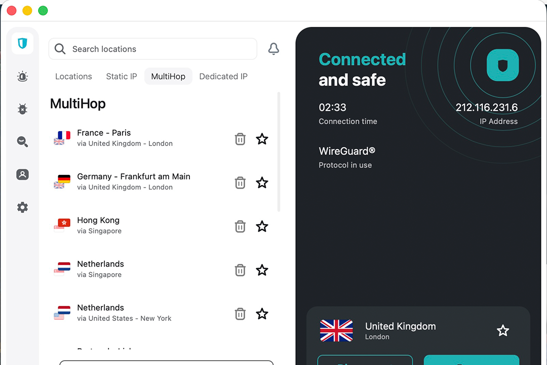 Surfshark allows you to multihop between many countries (Surfshark)