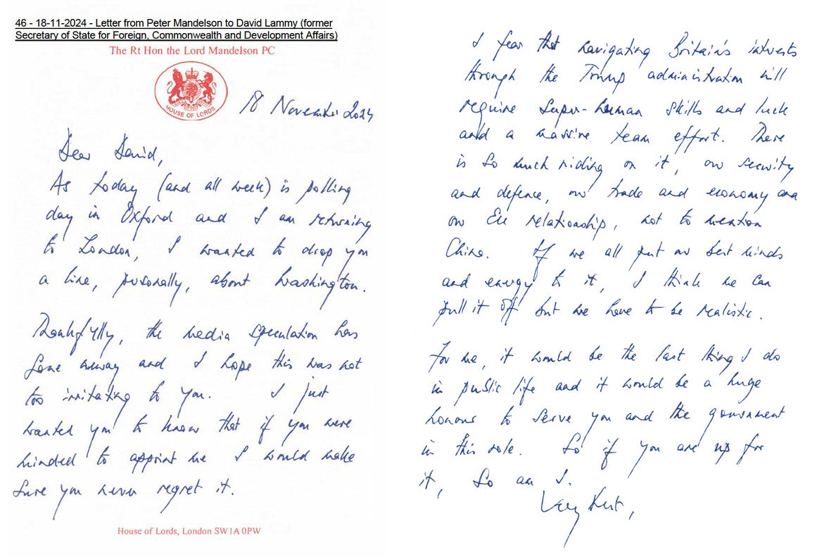 A document dated 18/11/2024 issued by the Cabinet Office showing a letter from Peter Mandelson to the then Foreign Secretary David Lammy