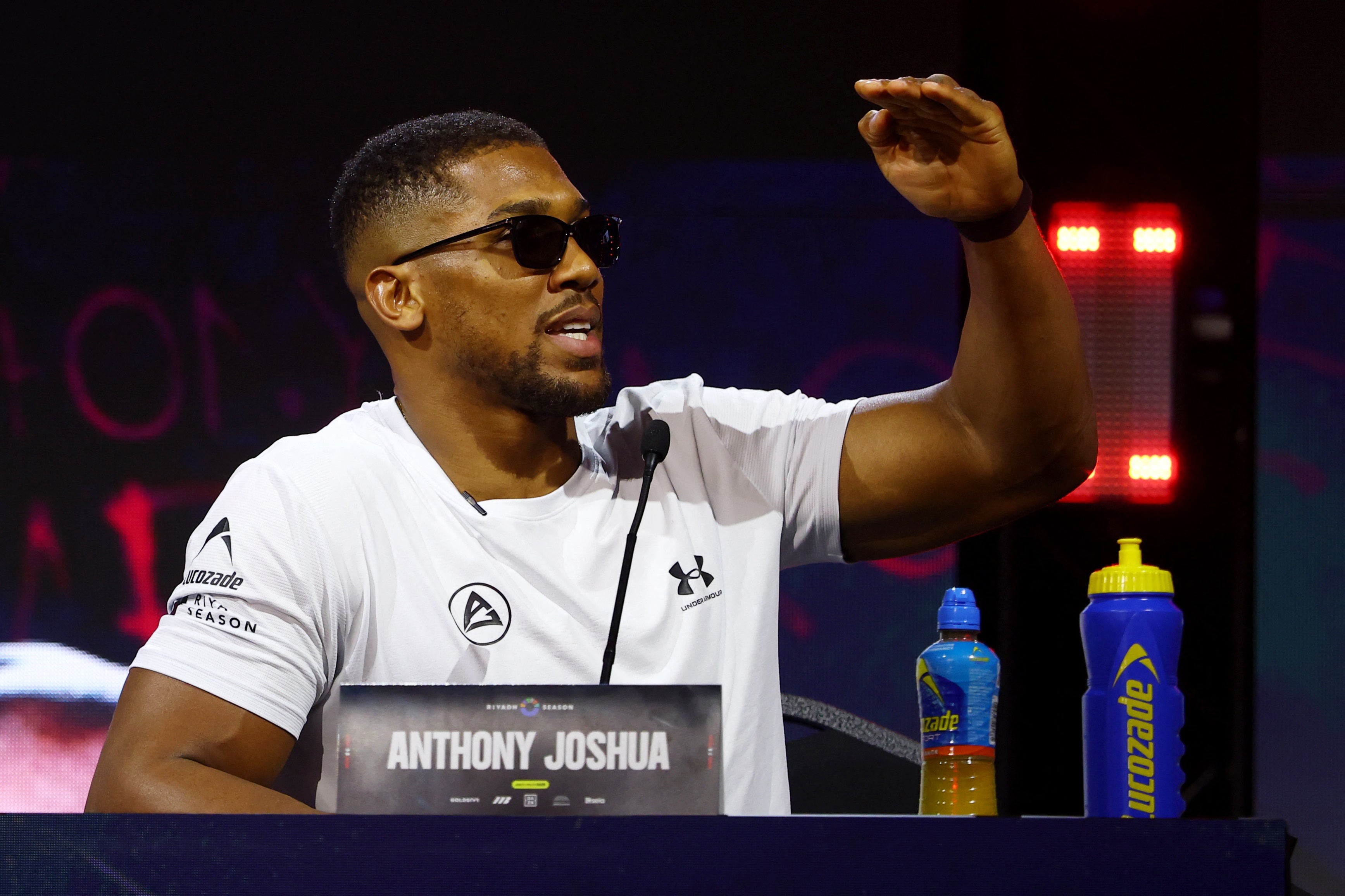 Anthony Joshua at Monday’s press conference for his fight with Kristian Prenga
