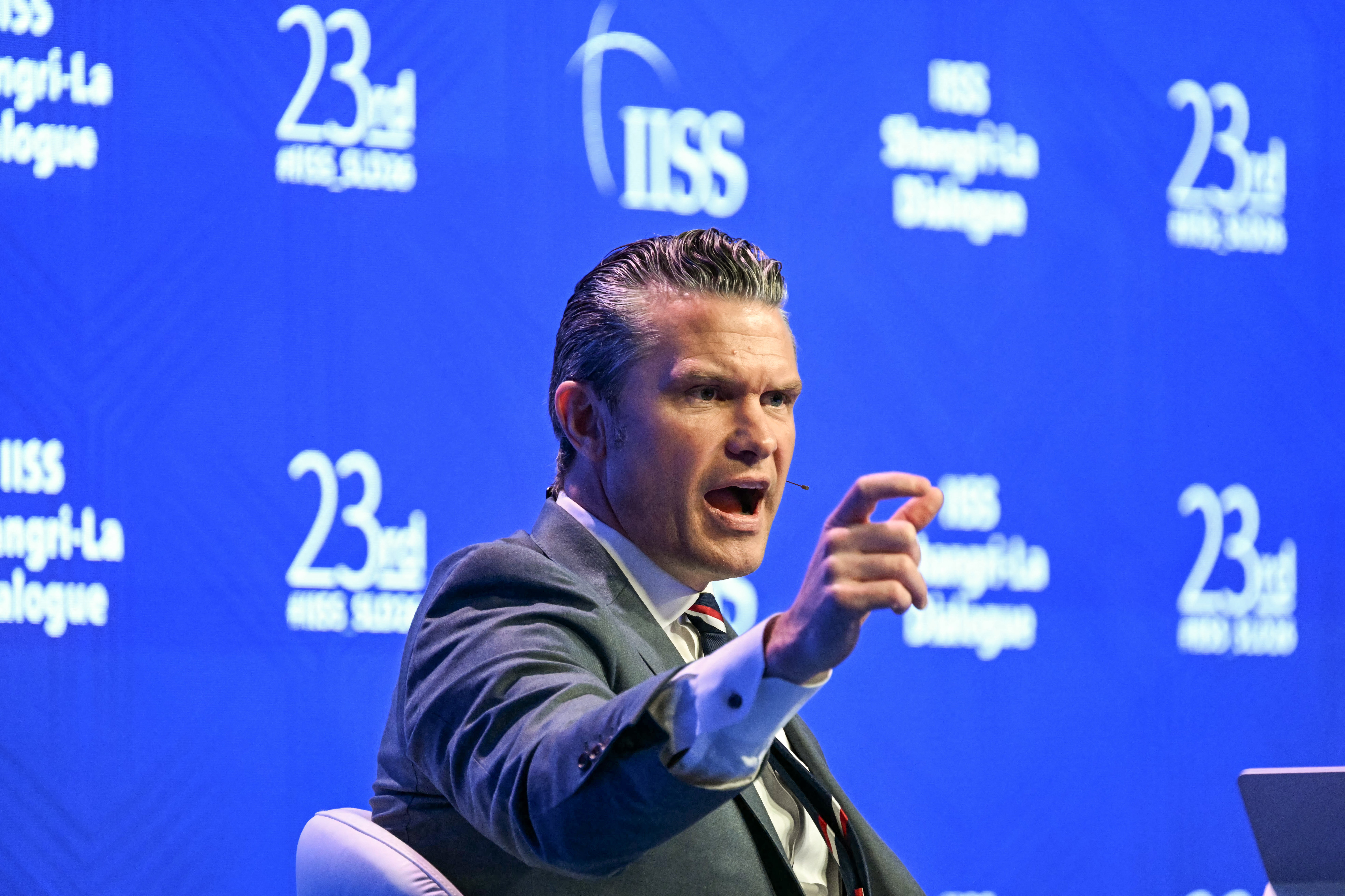Defense Secretary Pete Hegseth, seen speaking in Singapore on Saturday, May 30, 2026, reportedly blocked eight Navy officers, including two women and two Black men, from being promoted to one-star admirals