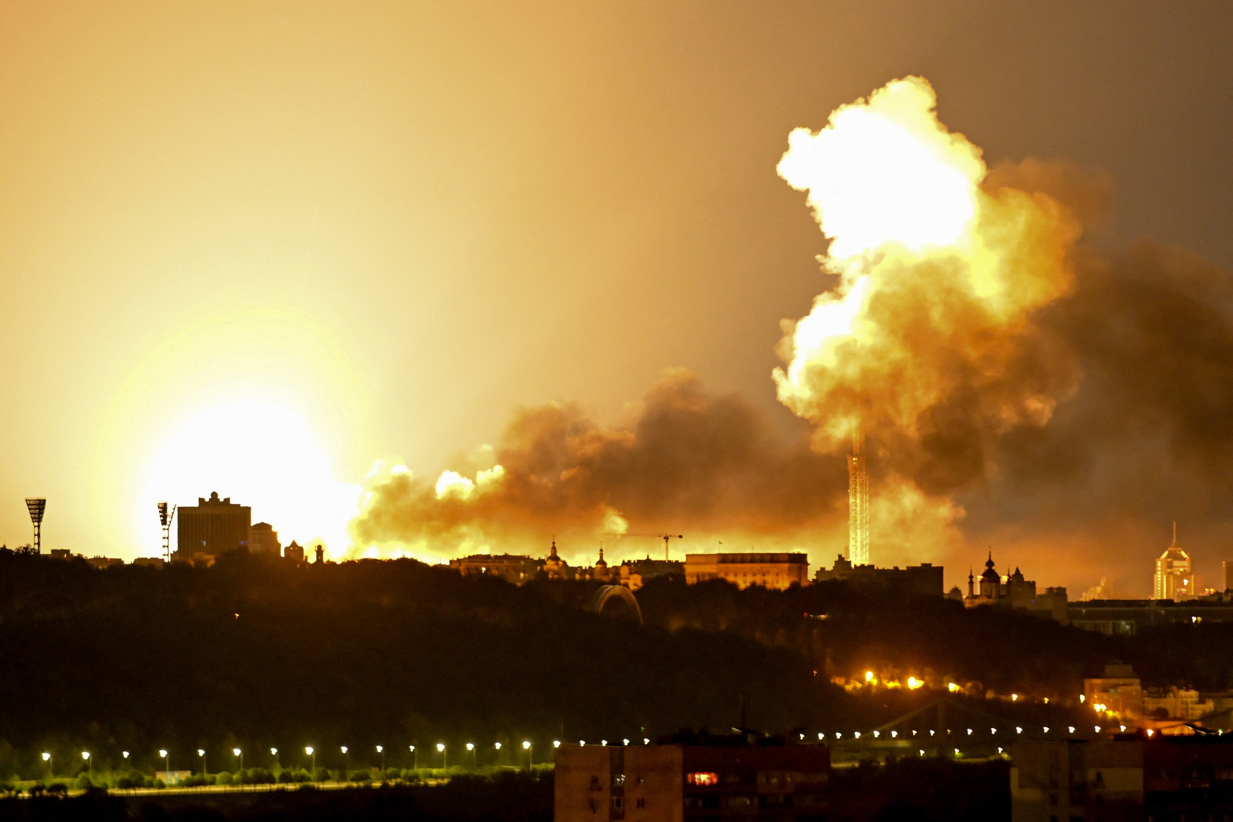 This photograph shows an explosion during drone and missile attacks in Kyiv overnight