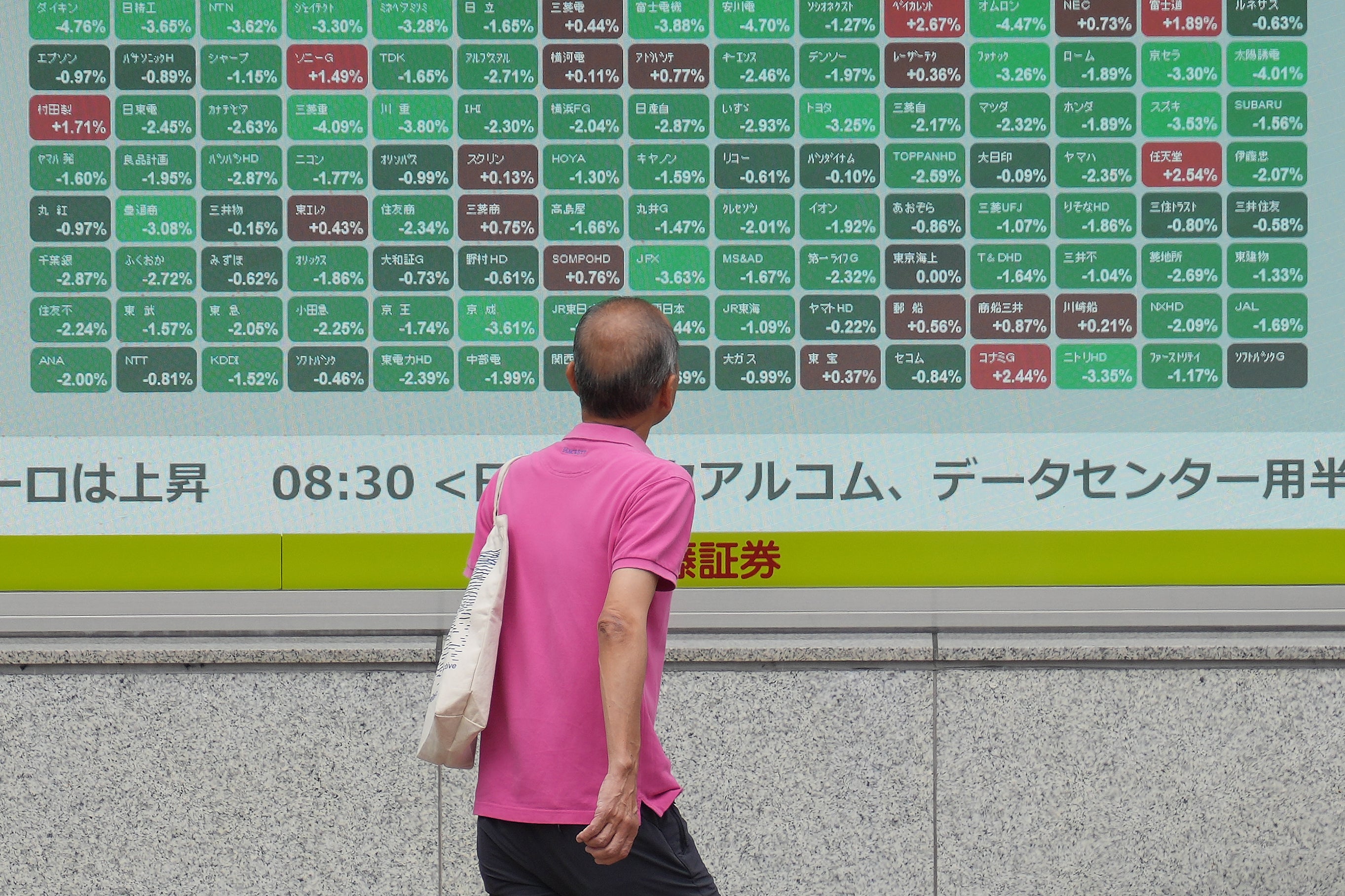 A person looks at an electronic stock board showing Japan's Nikkei index at a securities firm (AP)