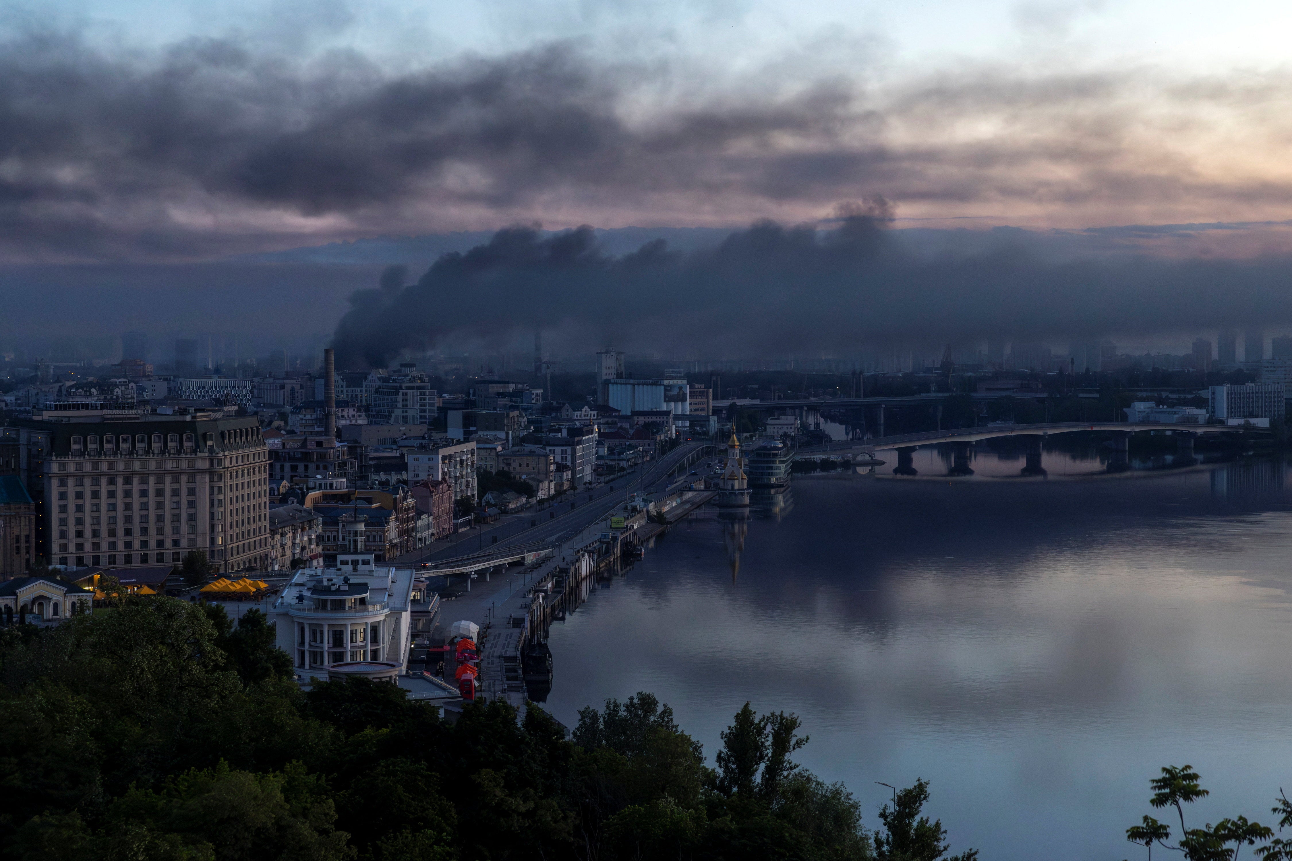 Black smoke rises from the Podil neighborhood after overnight Russian missile and drone attacks in Kyiv (Reuters)