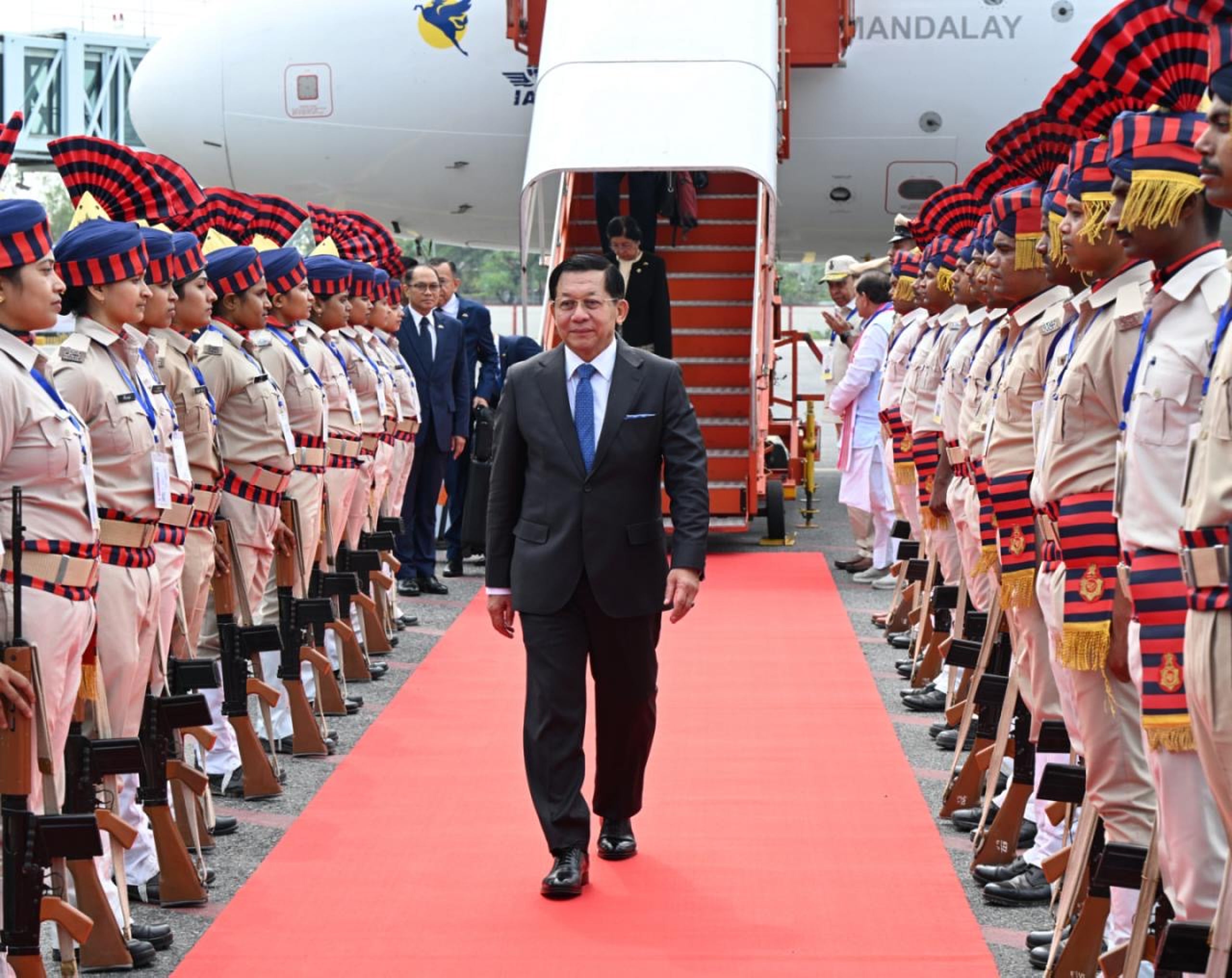 Min Aung Hlaing receives guard of honors upon arrival at Gaya airport, near Bodh Gaya, India