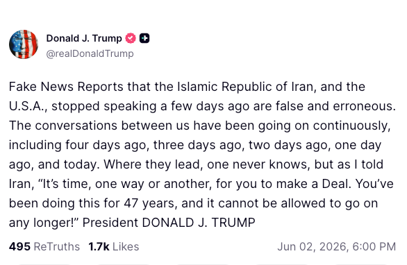 Trump says reports of halted US-Iran peace talks are 'false and erroneous' (Truth Social)