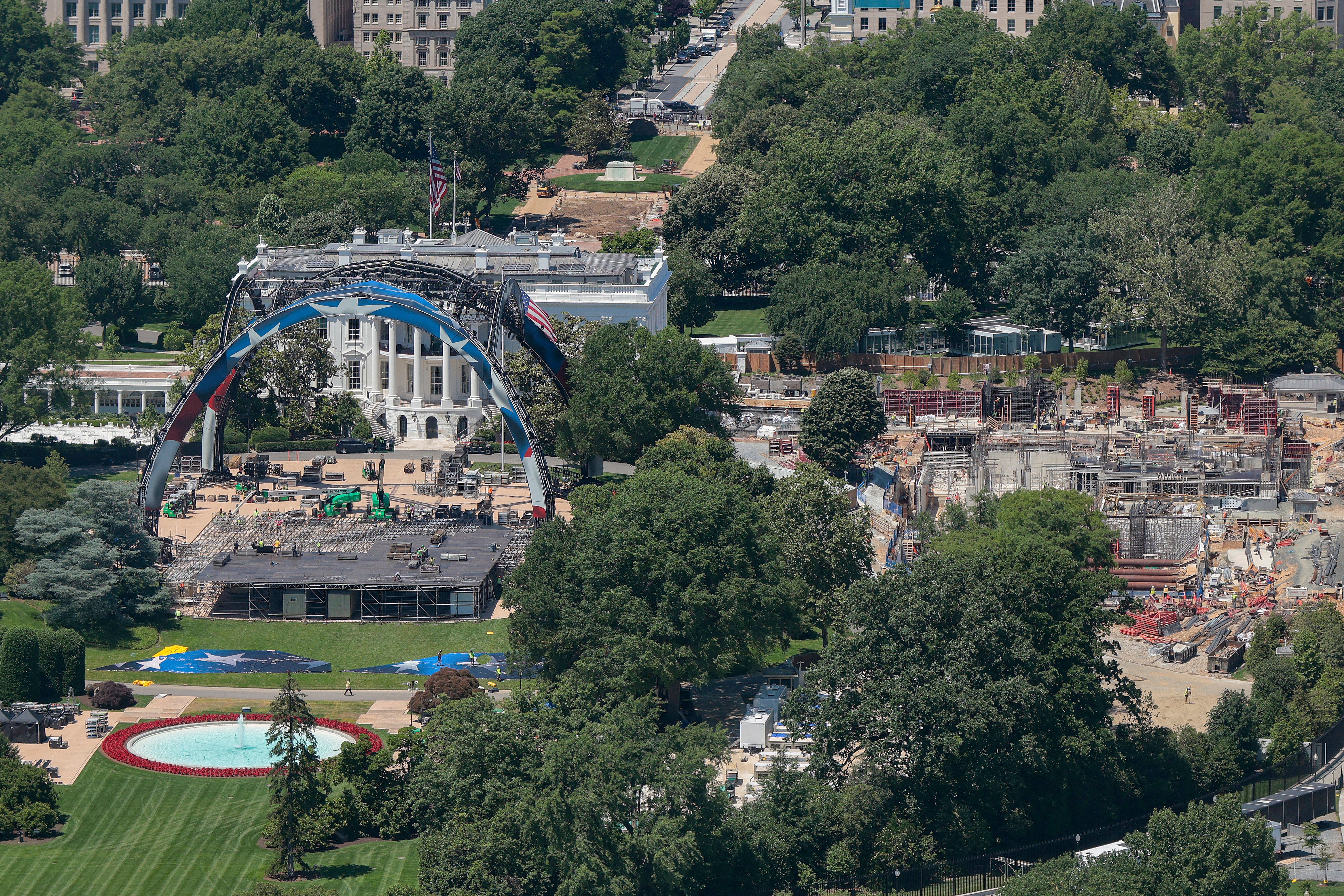 Construction is underway for Freedom 250’s UFC match on the White House lawn while Trump leads a dramatic transformation of the nation’s capital, including demolition of the East Wing to make way for his ballroom (Getty)
