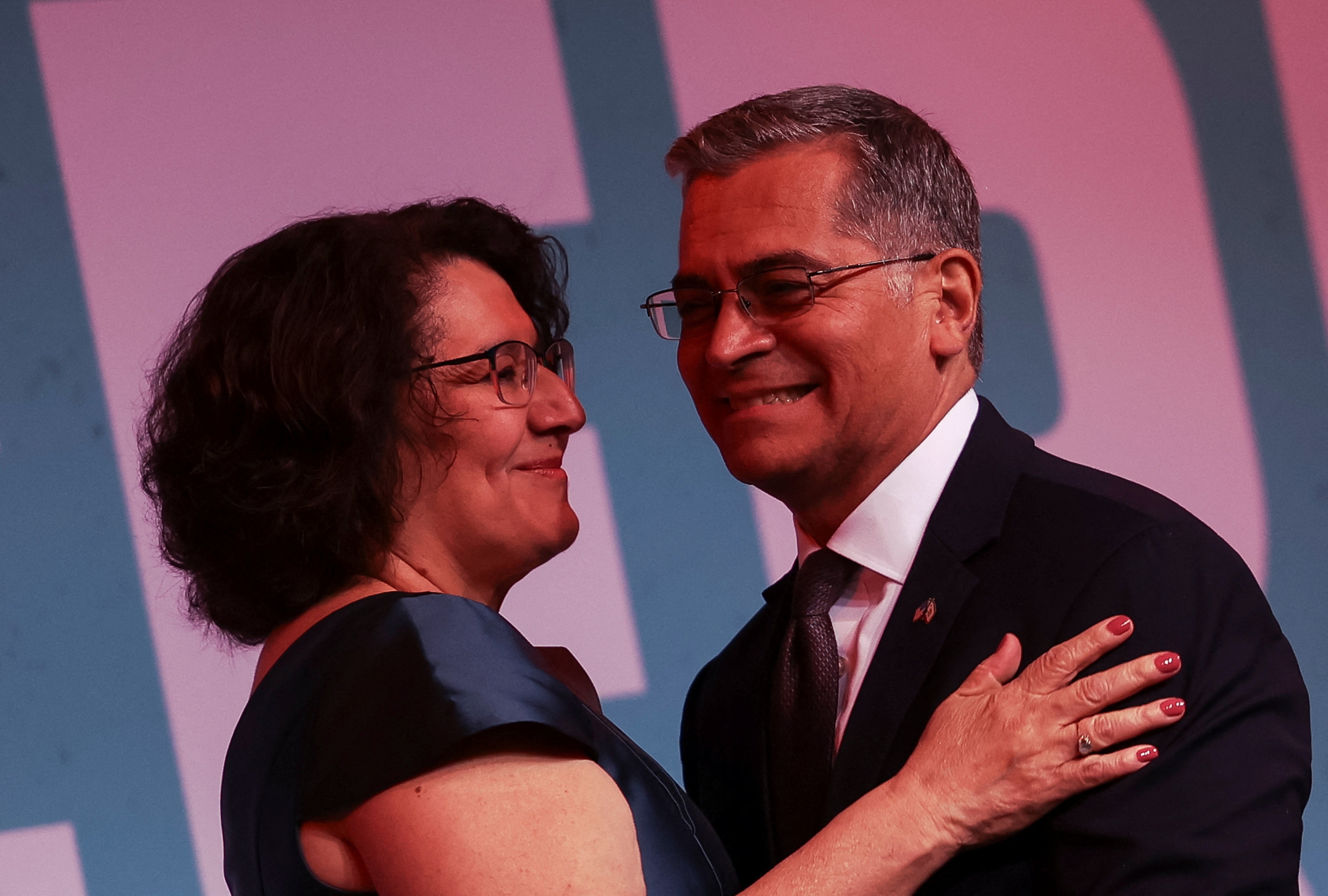 Democratic candidate Xavier Becerra with his wife Carolina Reyes on election night