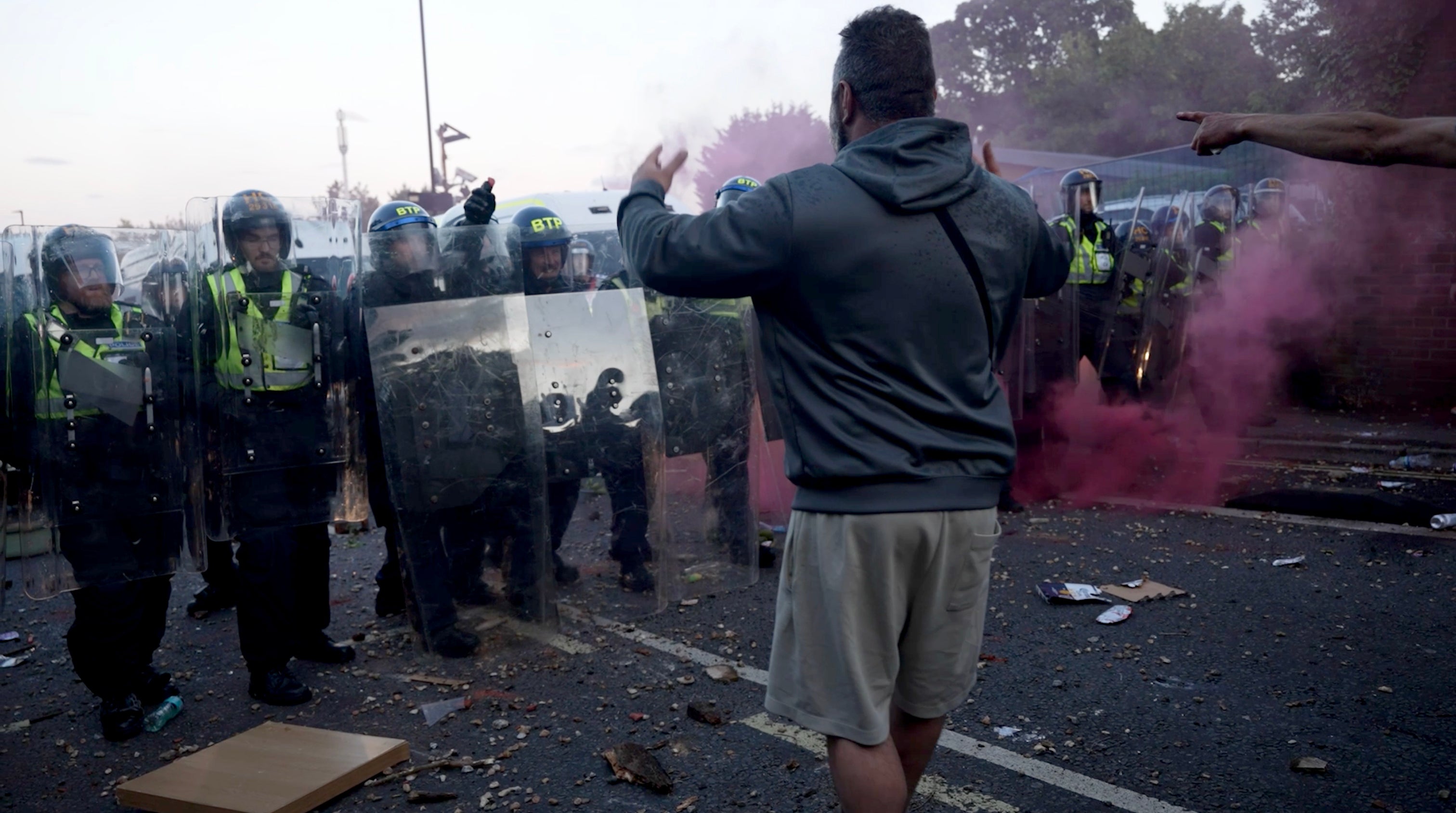 Missiles such as bricks and bottles were thrown at officers at a protest on Tuesday night