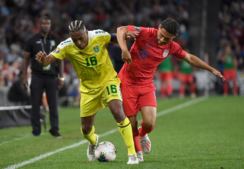 Neil Danns in action against the United States during Guyana’s only Gold Cup campaign in 2019