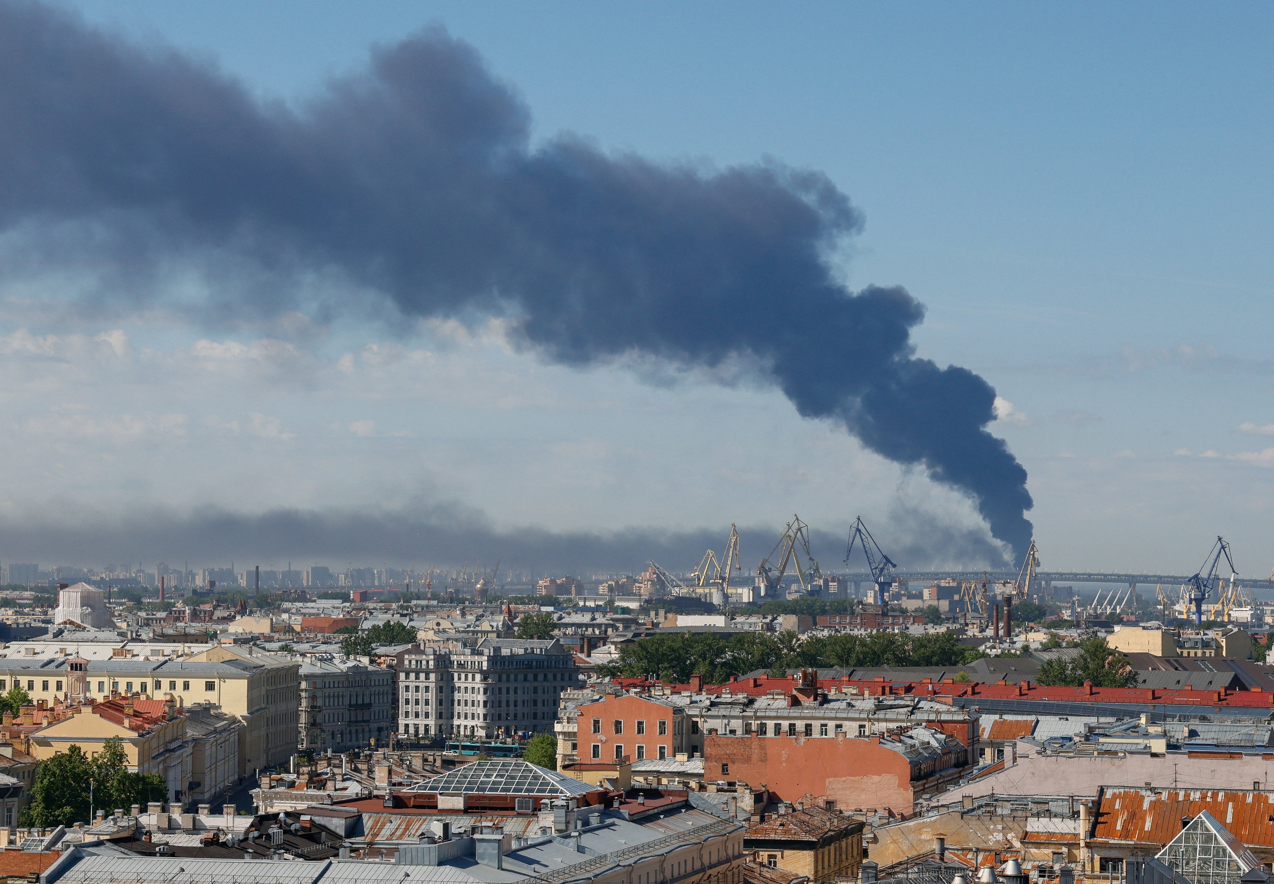 Heavy smoke billows after Ukrainian drones hit infrastructure, according to local authorities, in St Petersburg, Russia June 3