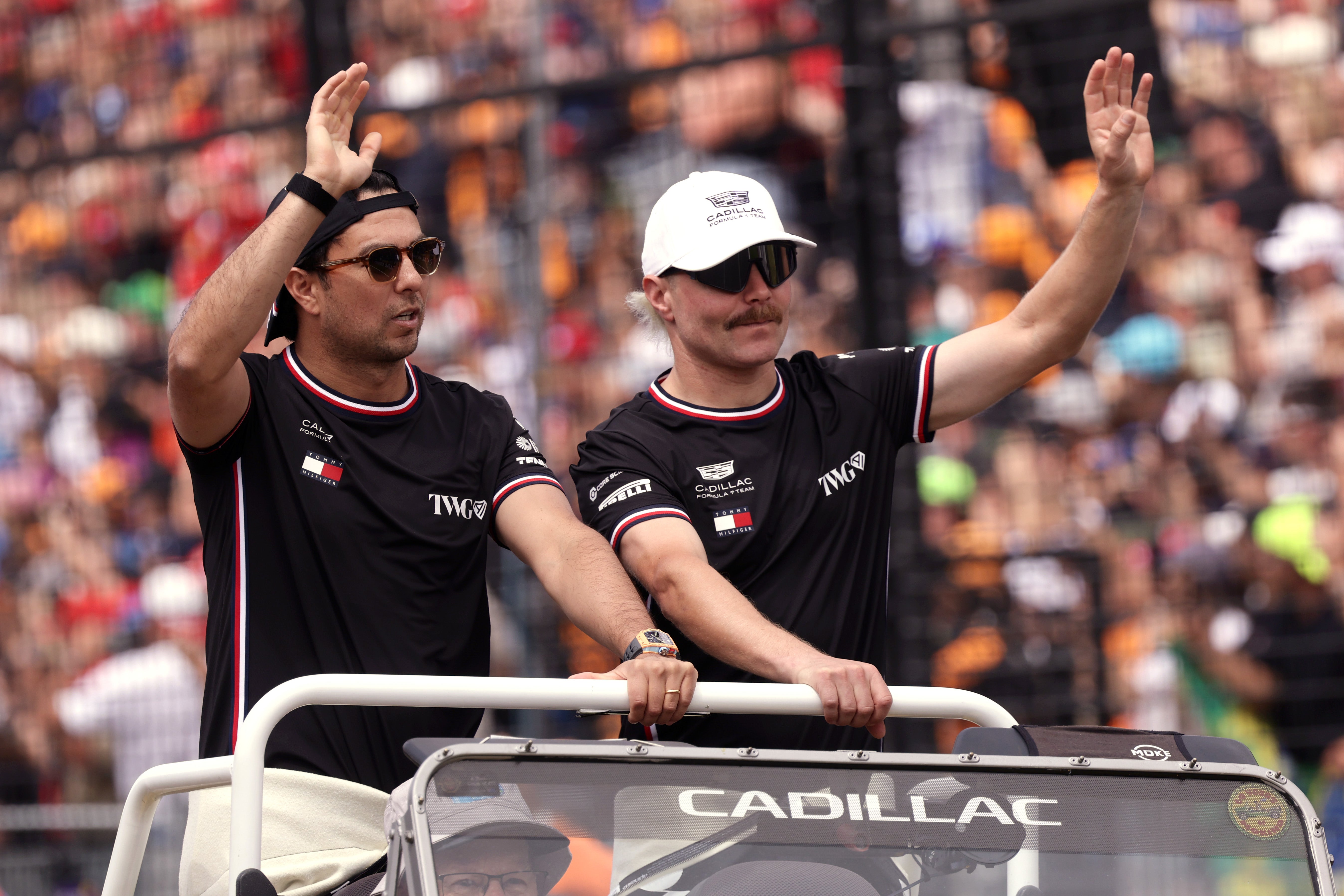 Perez (left) and Valtteri Bottas are yet to win a point for F1 newcomers Cadillac