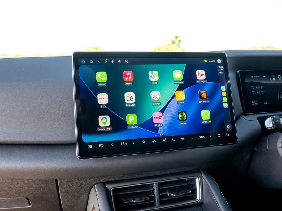 The BYD Atto 2 DM-i's touchscreen works with Apple CarPlay or Android Auto, and also has Google Maps built in (BYD)