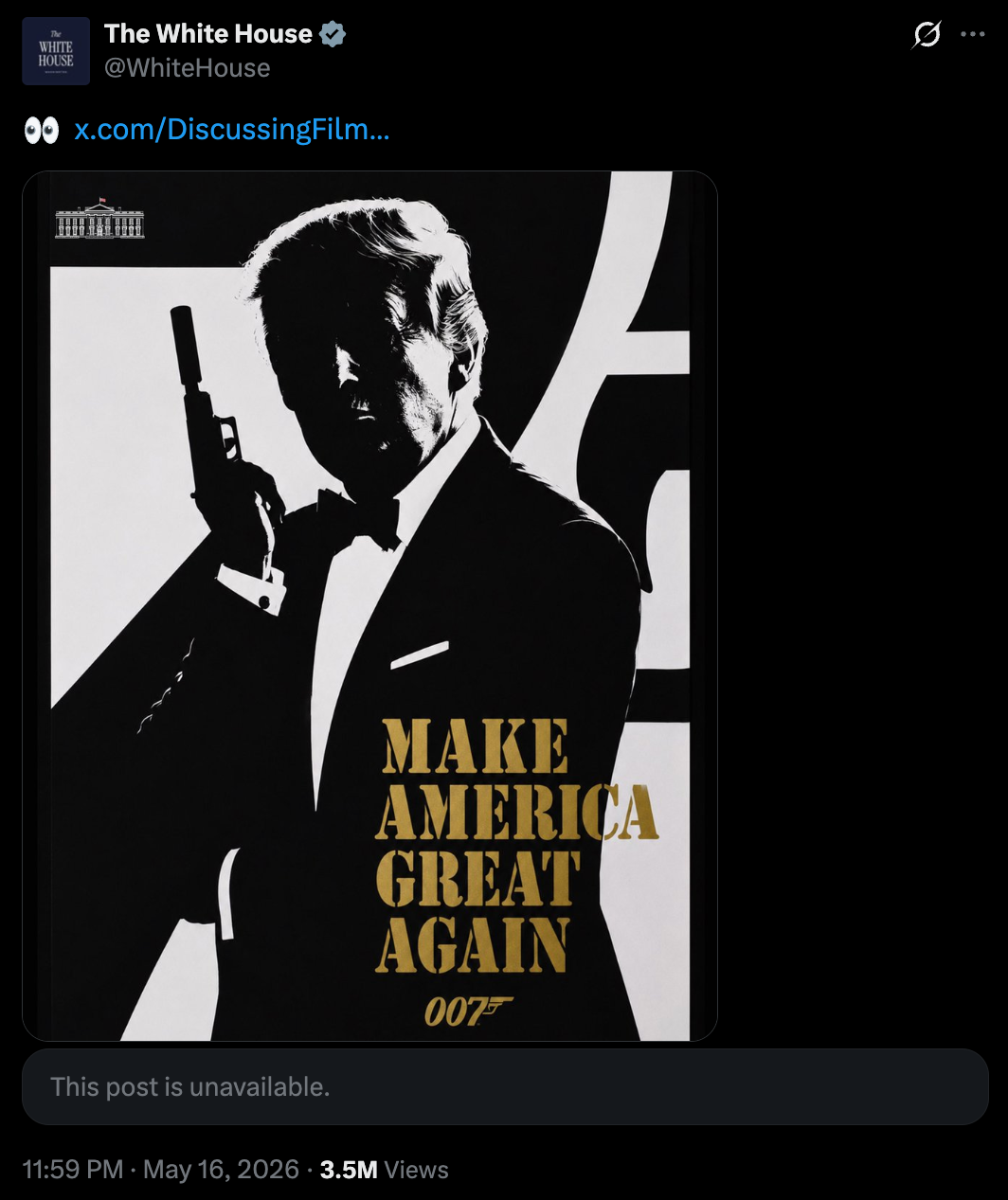 The White House also posted a meme of Trump as 007 in May