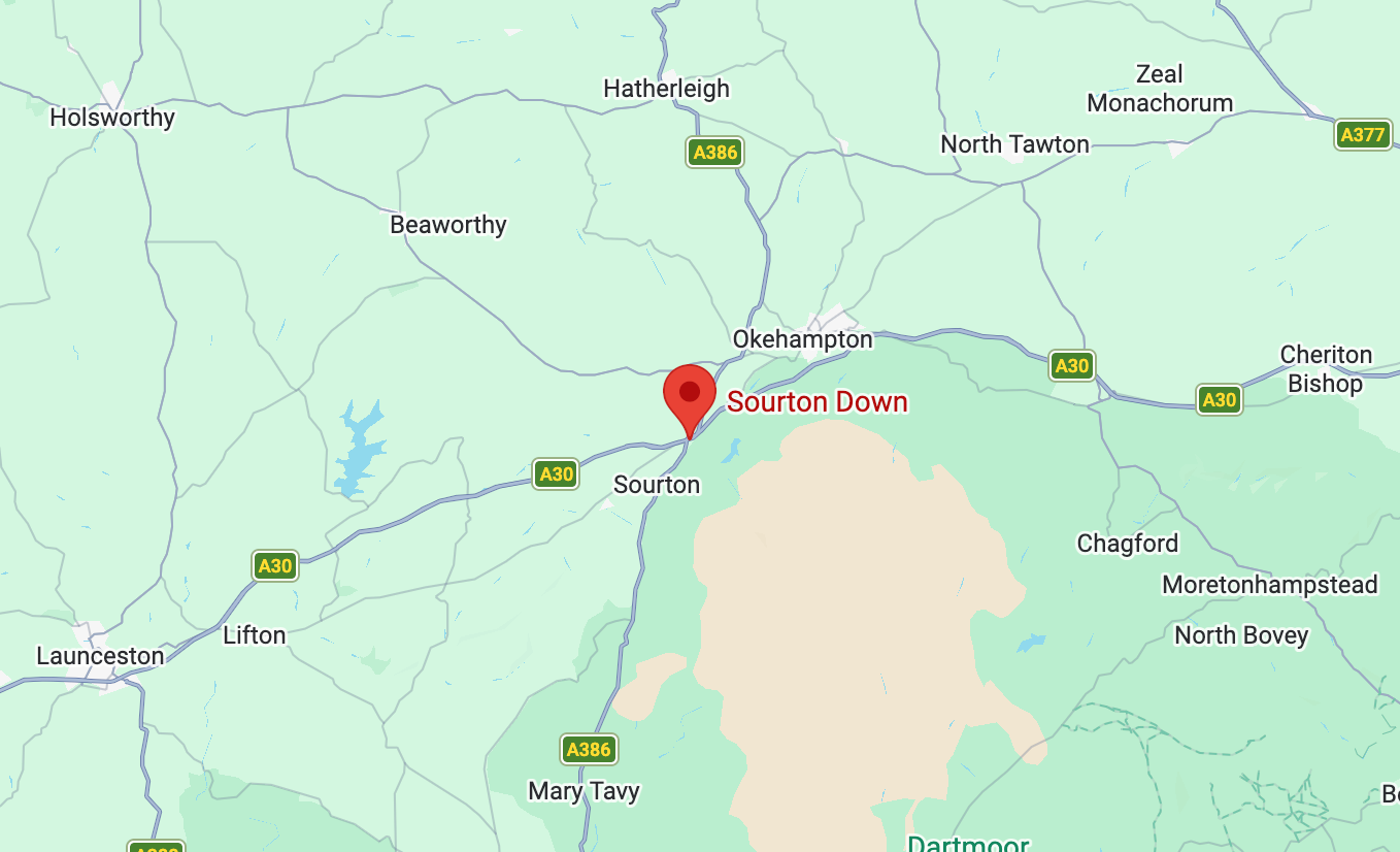 The helicopter crashed into a field near Sourton Down, near Okehampton (Google Maps)