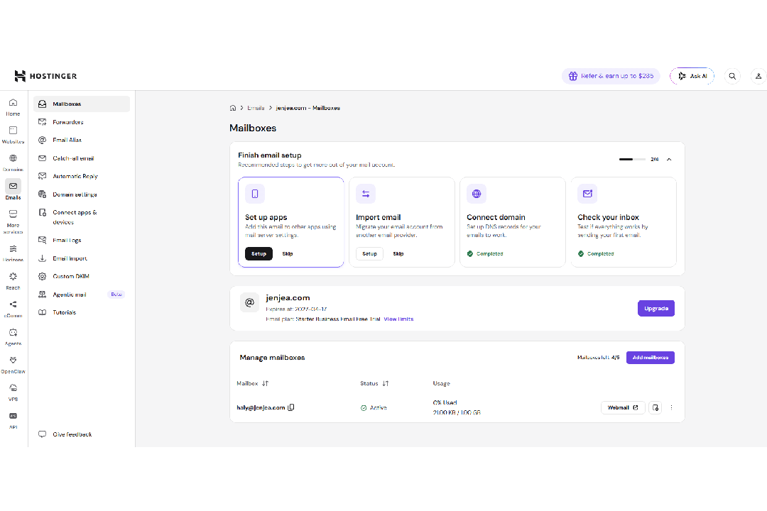 It takes a few minutes to set up an email hosting account with Hostinger (Jennifer Allen/Hostinger)
