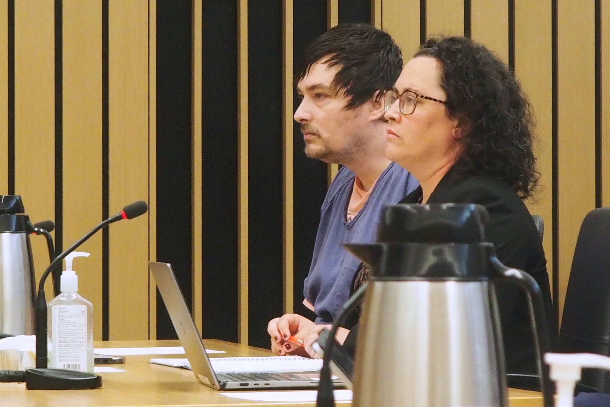 Jesse Calhoun, left, sits in court Wednesday, June 3, 2026, in Portland, Ore., as he is arraigned on a second-degree murder charge over the death of Ashley Real