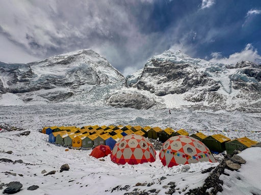 Mountaineers' tents are pitched at the base camp before their ascent of Mount Everest, Nepal, Sunday, 10 May 2026 (AP)