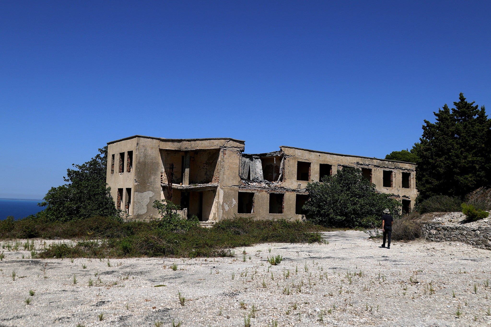 An abandoned ex-military command building on a hilltop on the island of Sazan