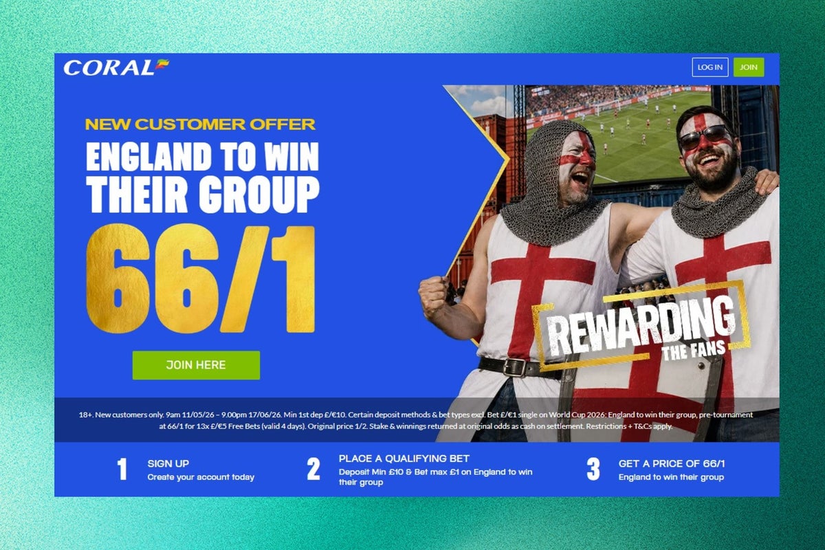 Coral World Cup free bet sign up offer: England to win their group at 66/1 