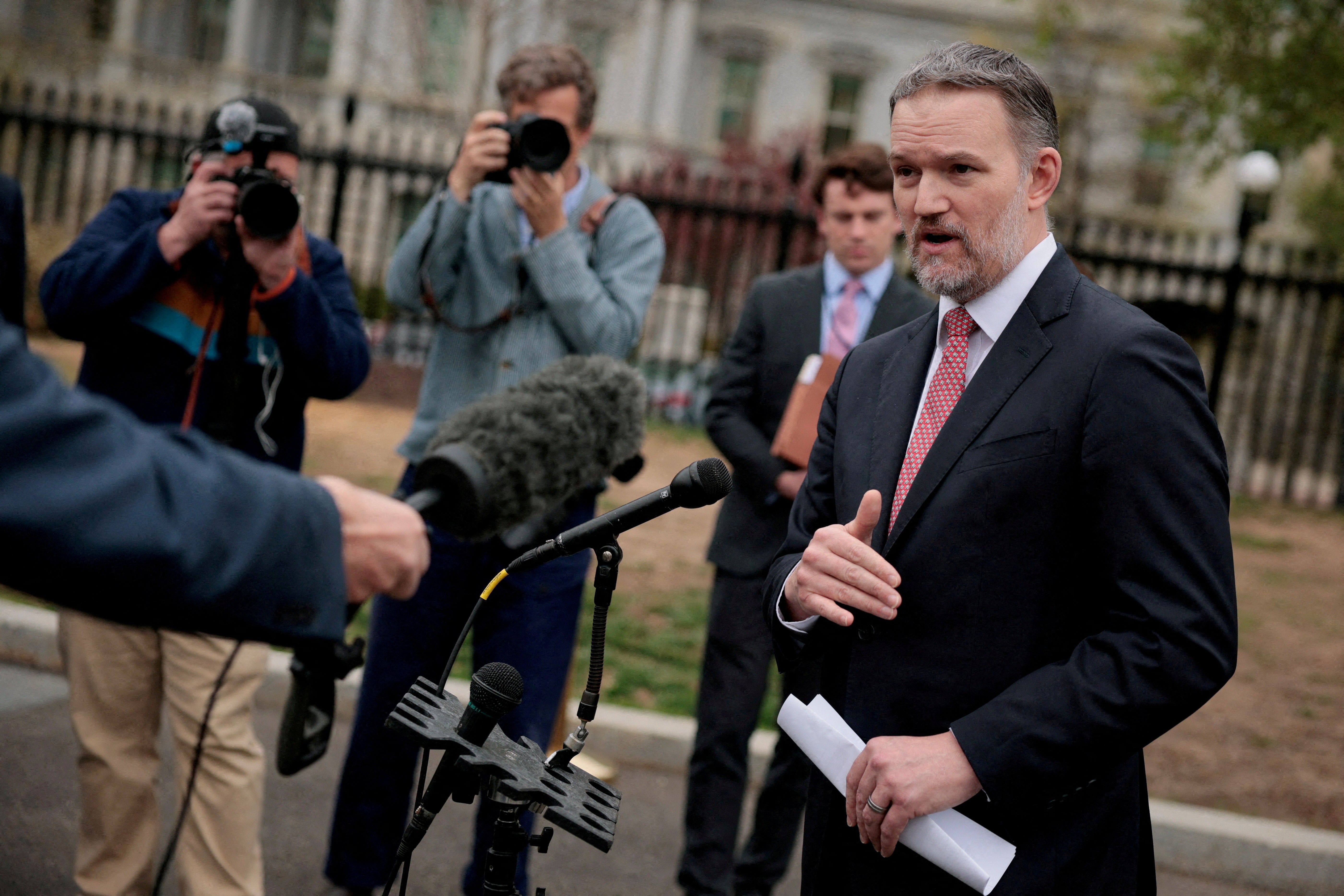 U.S. Trade Representative Jamieson Greer speaks with reporters at the White House in April
