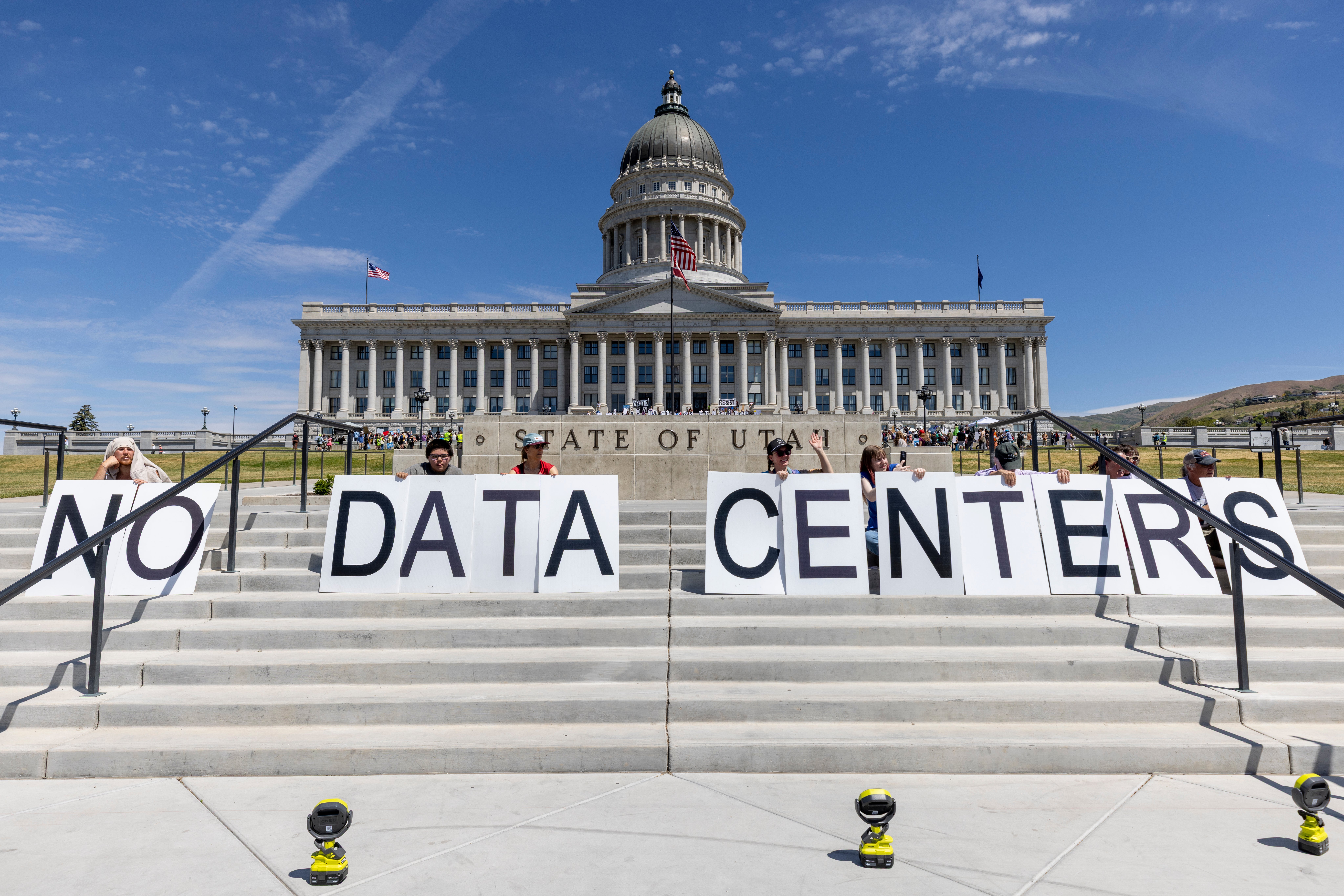 Demonstrators take part in a protest at the Utah State Capitol to oppose the construction of the Stratos data center in Box Elder County on May 23, 2026 in Salt Lake City, Utah (Getty)