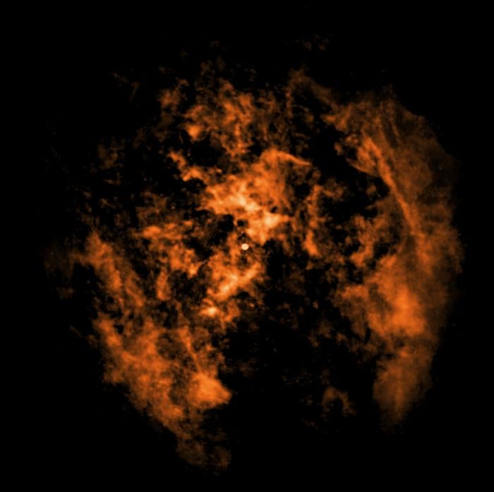 Data from the Atacama Large Millimeter/Submillimeter Array (ALMA) radio telescopes in Chile maps the location of cold gas around Sagittarius A* in this image
