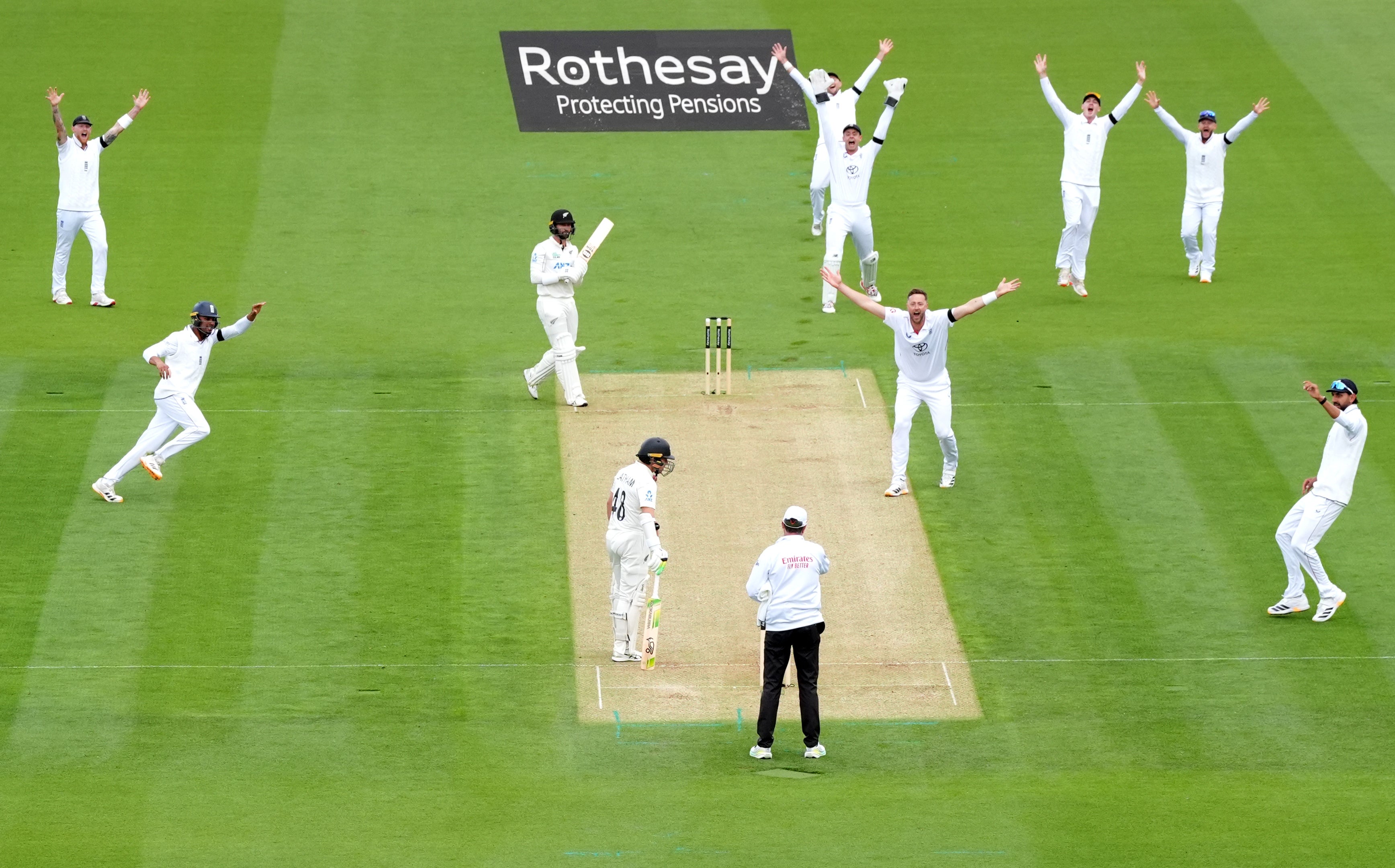 New Zealand’s Devon Conway is bowled lbw by England’s Ollie Robinson (Ben Whitley/PA)