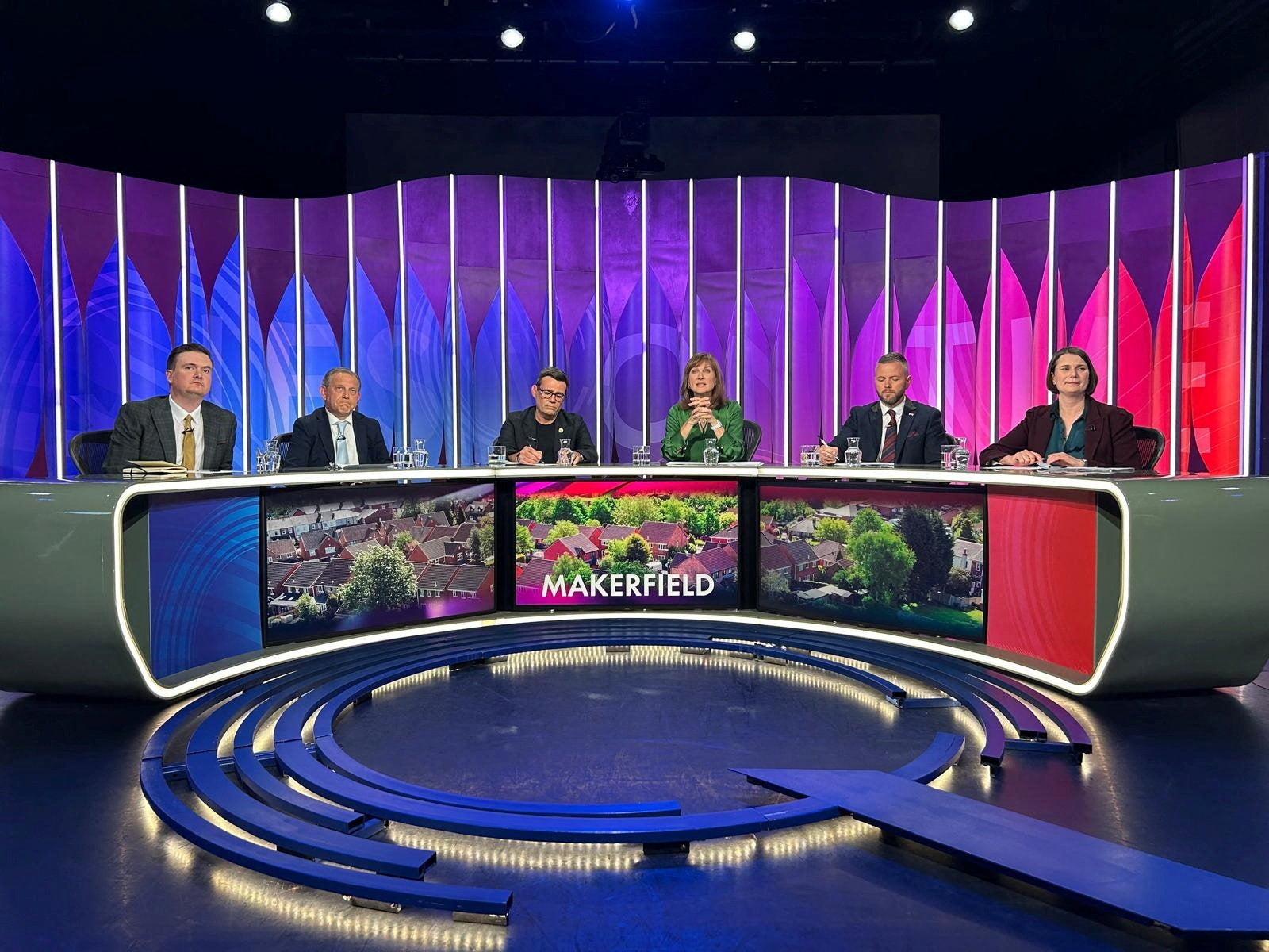 Greater Manchester Mayor Andy Burnham, Michael Winstanley of the Conservative Party, Liberal Democrat Jake Austin, Sarah Wakefield of the Green Party and Robert Kenyon of Reform UK participate in BBC's Question Time,
